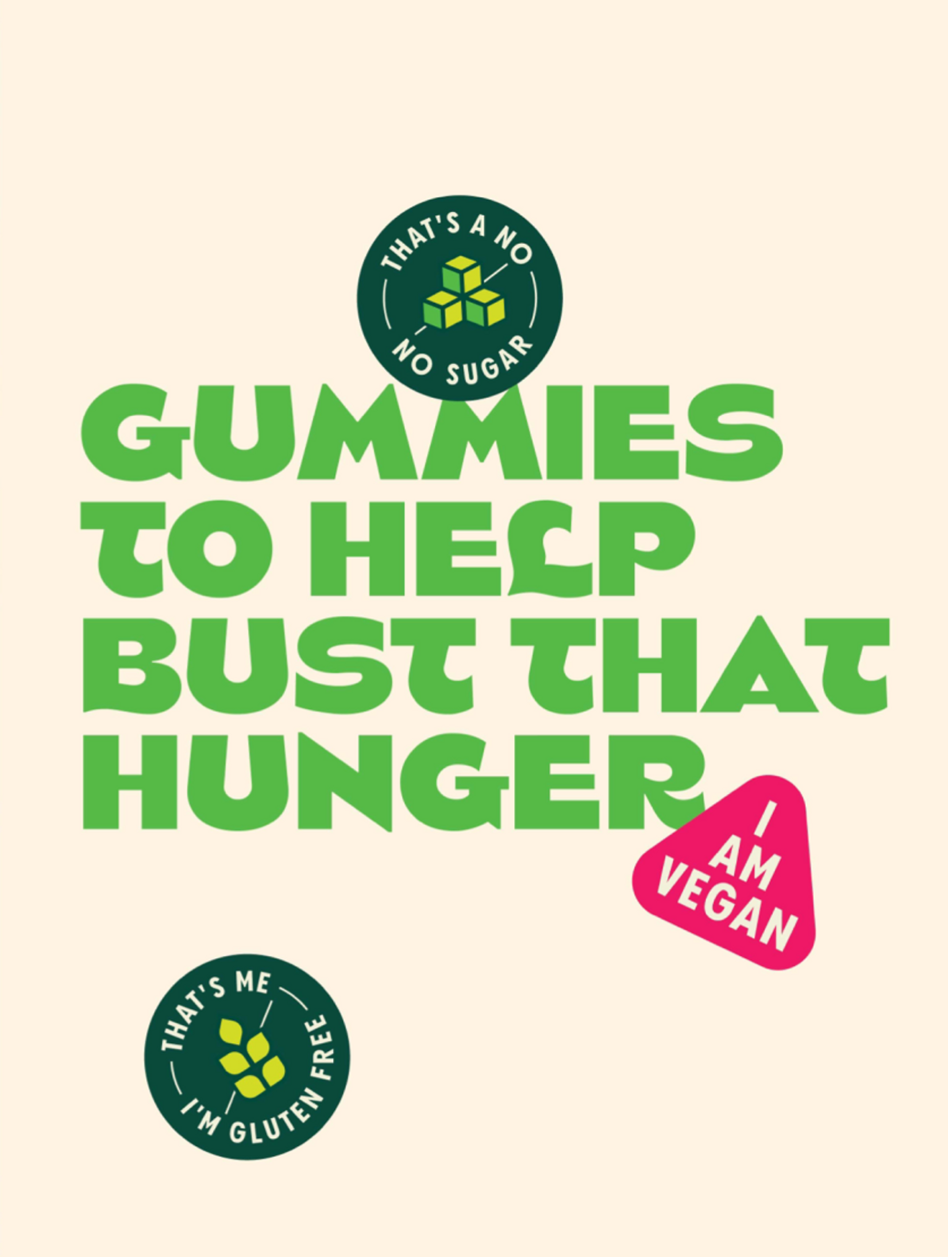 Portrait typography poster design for gummies brand by Our Revolution, featuring Our Hippie Co. branding slogan “Gummies to help bust that hunger” and fun illustrated symbols of product claims