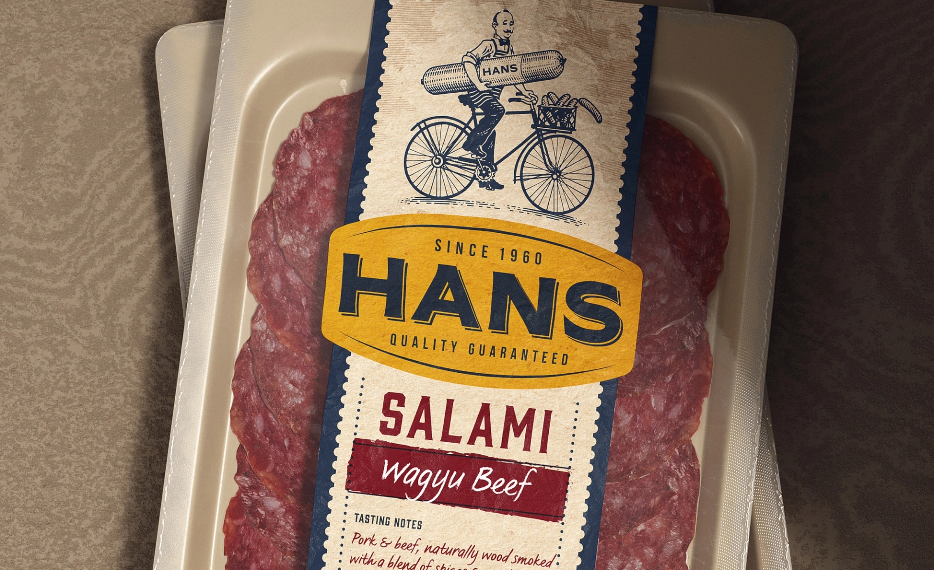 Close-up of the meat brand Hans Salami packaging design with vintage illustration by London design agency Our Revolution