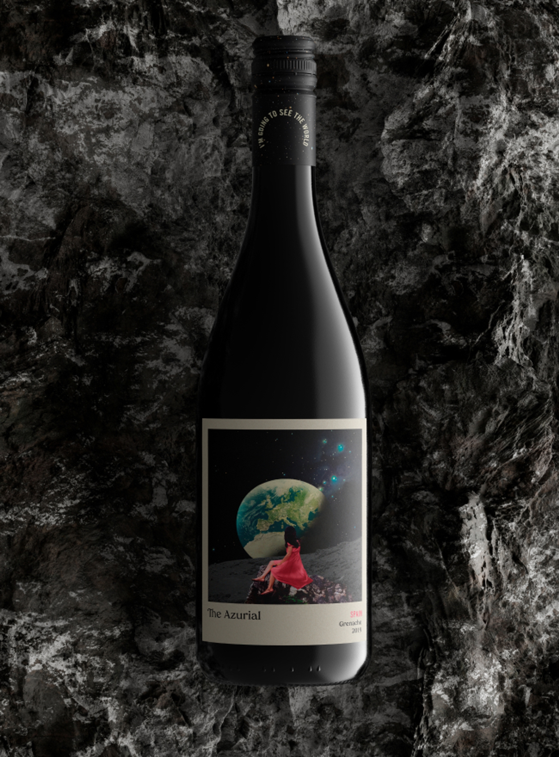 Alcohol branding for The Azurial wine on a dark, textured rock background designed by Sydney branding agency Our Revolution