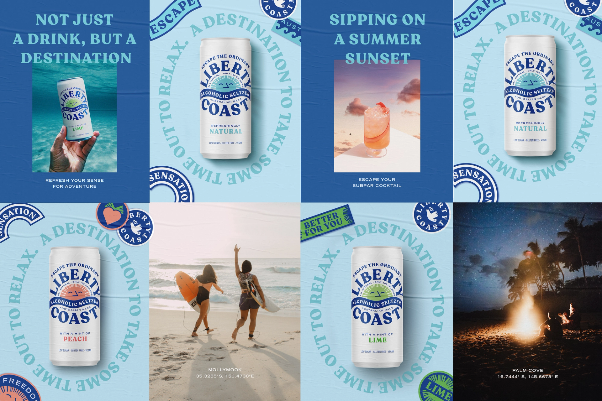 Collage of branding design collateral by brand design agency Our Revolution for alcoholic seltzer brand Liberty Coast