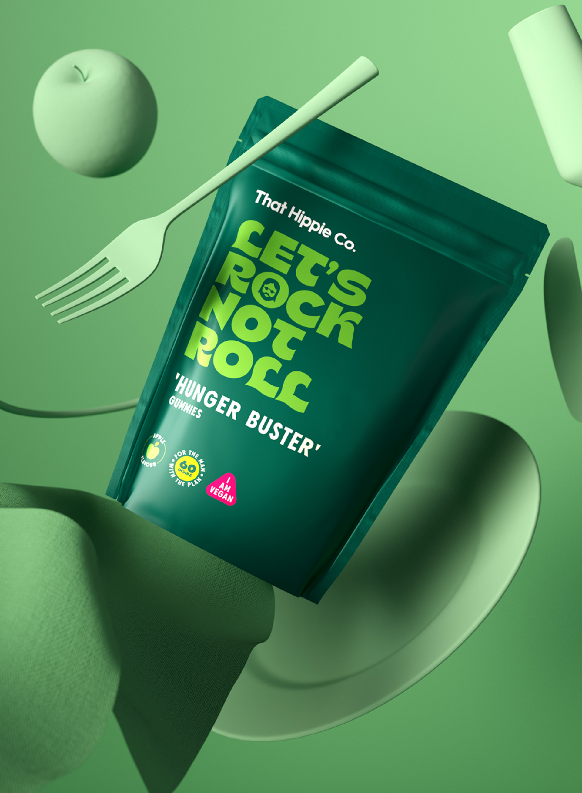 Floating gummies packaging design by Our Revolution for That Hippie Co supplement brand with pastel green eating accessories for vegan “Hunger Buster” gummies featuring brand slogan “Let’s rock not roll”