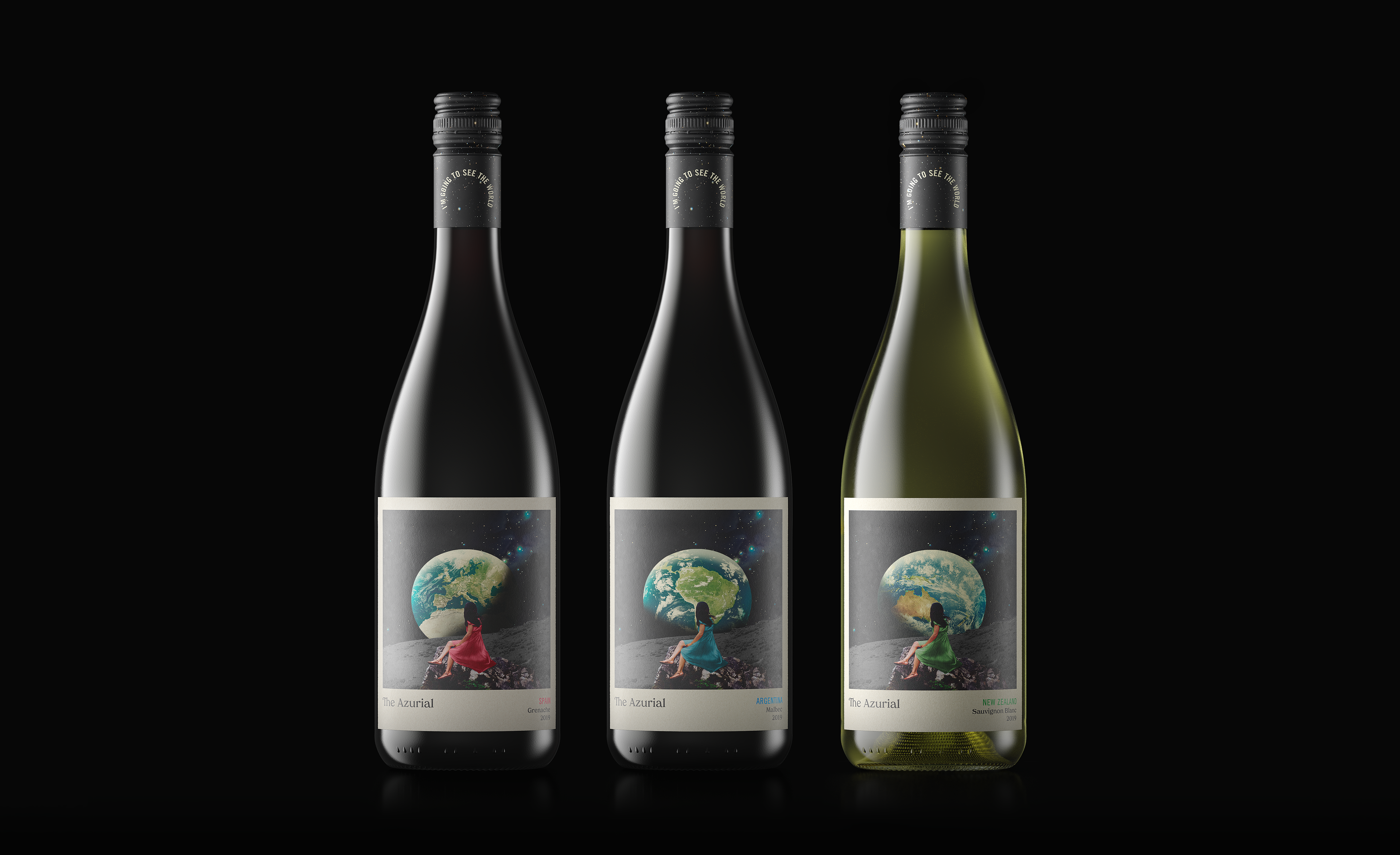 Three bottles of The Azurial wine brand on a black background, packaging design by Our Revolution London Sydney
