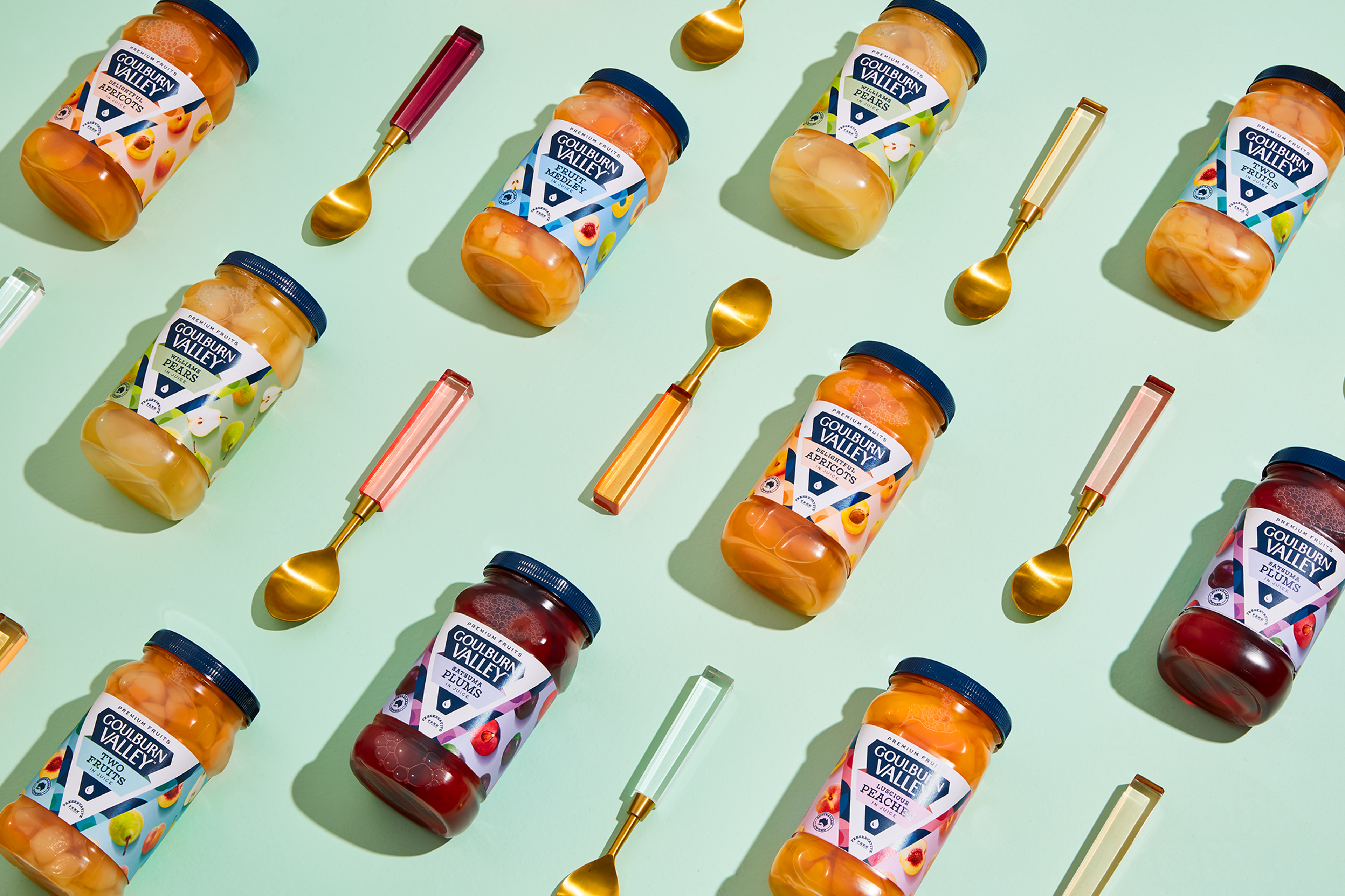 Bold tiled packaging design for Goulburn Valley fruit brand with retro metal spoons art directed and designed by Sydney brand studio Our Revolution