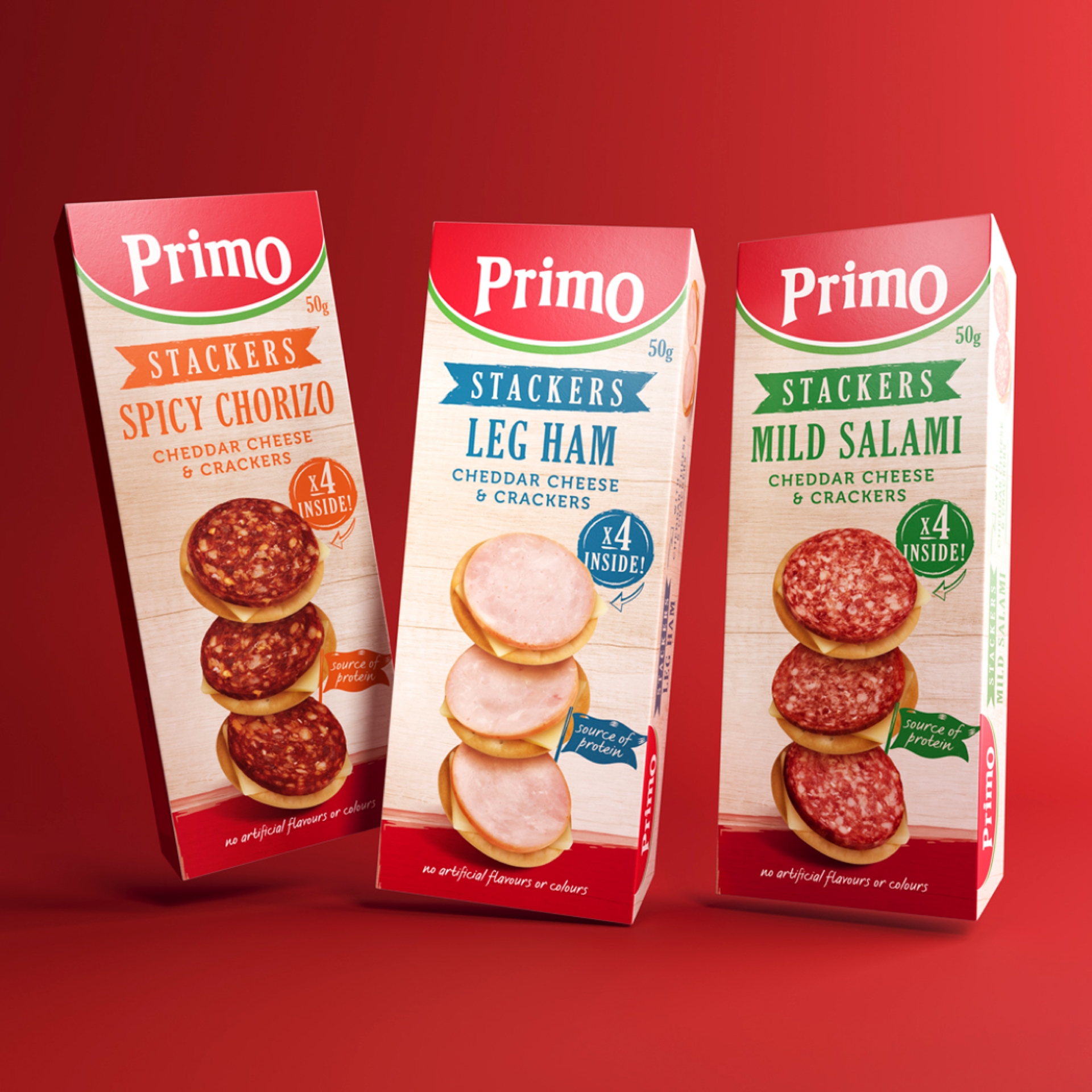 Primo Packaging design by brand design agency Our Revolution for Stackers snack range Spicy Chorizo, Leg Ham, and Mild Salami