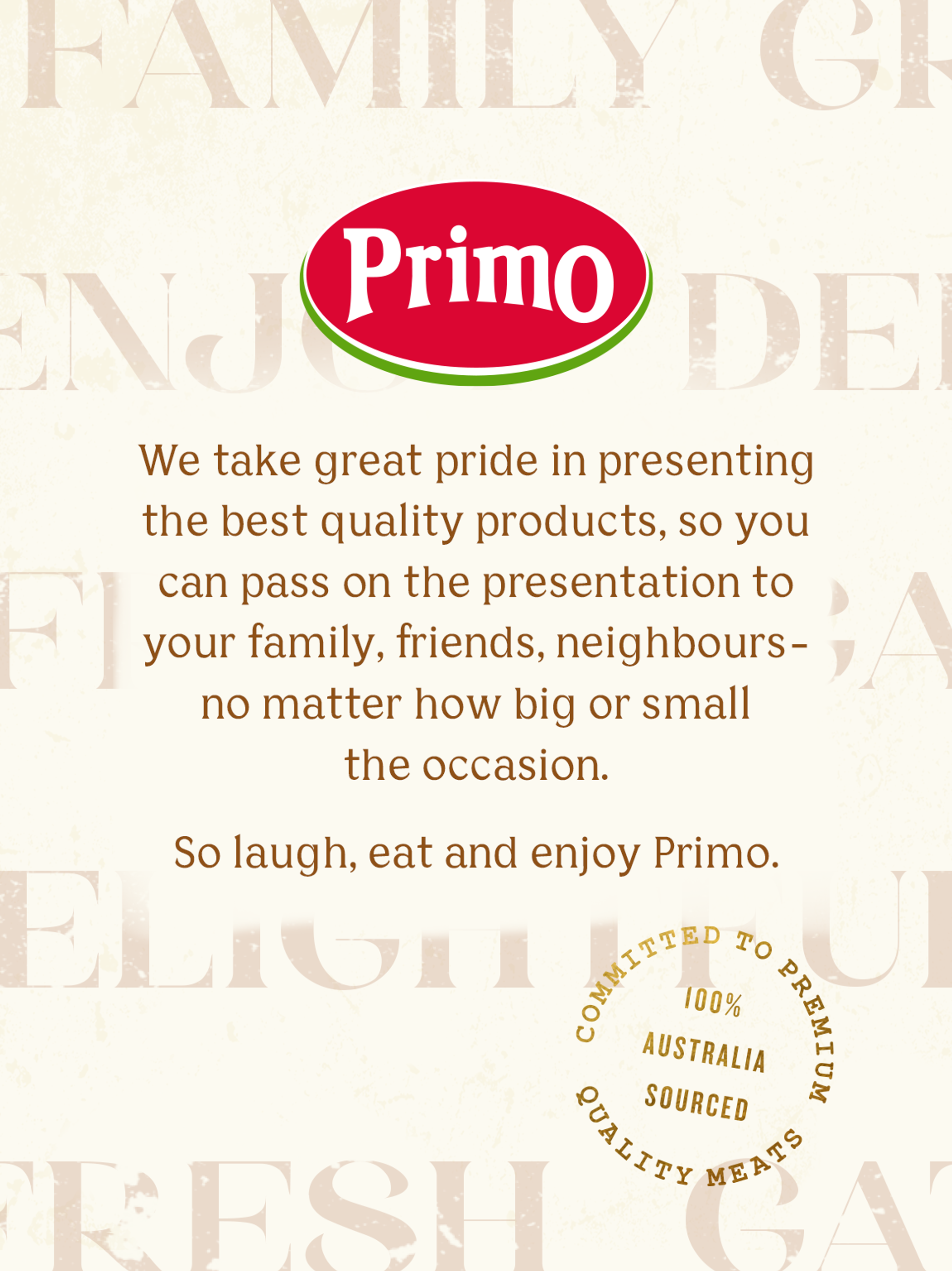 Text describing the branding of meat brand Primo on a textured collage of keywords