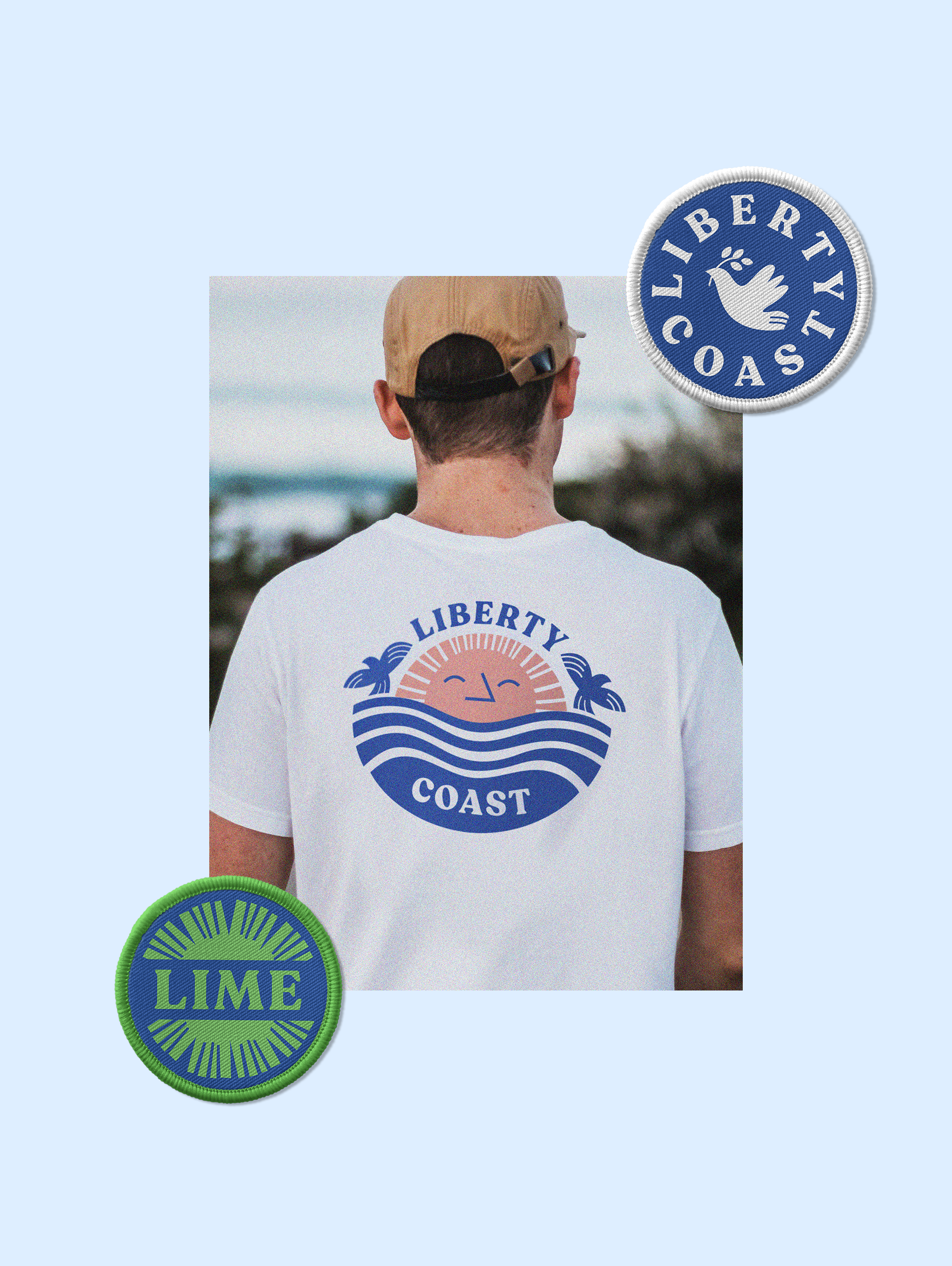 “Liberty Coast” and “Lime” fabric patches on top of a grainy film photography of the back of a Liberty Coast branded t-shirt designed by Our Revolution