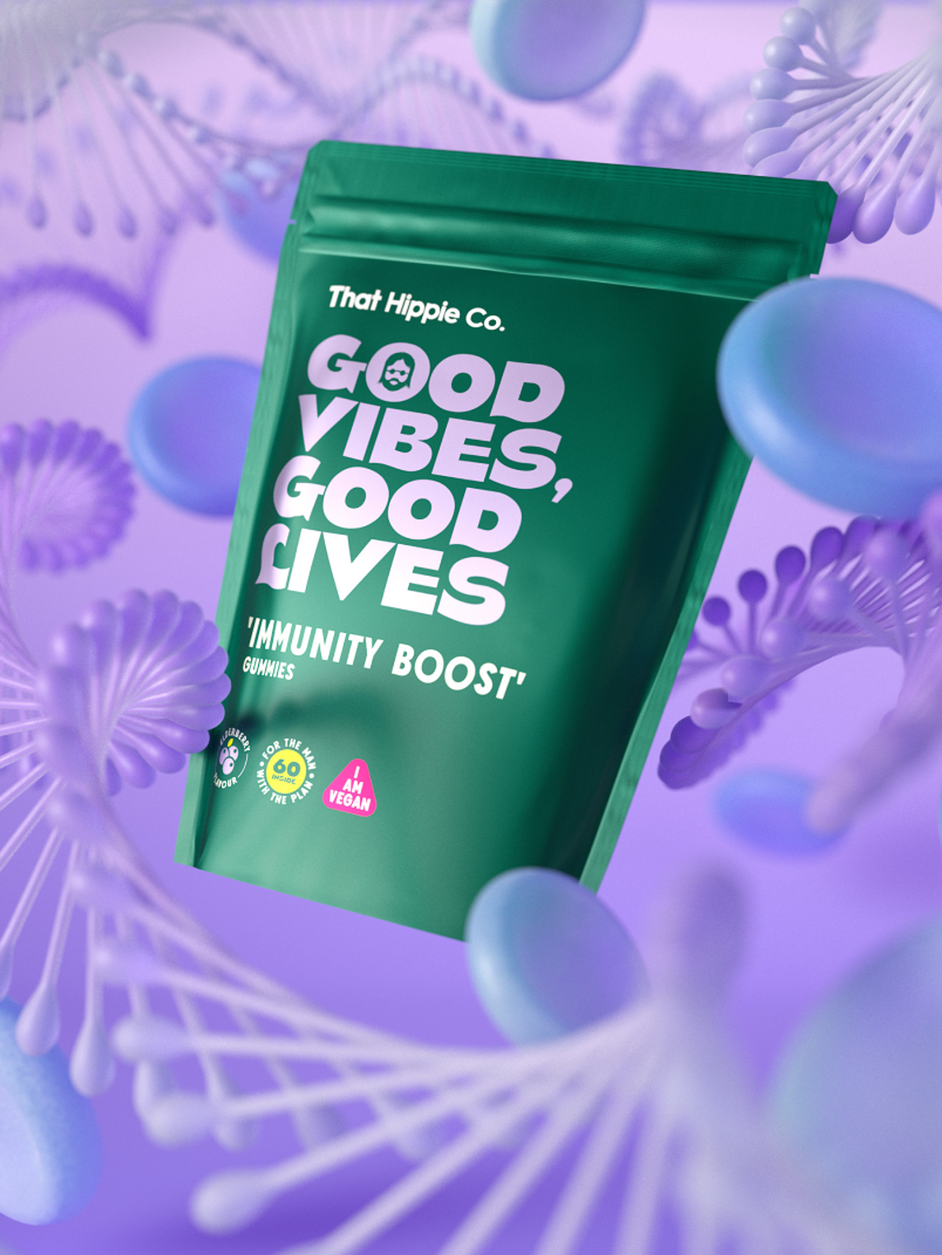 Immunity boost gummy supplements from That Hippie Co pouch design by Our Revolution design agency in sydney, surrounded by 3D model helix on purple gradient background