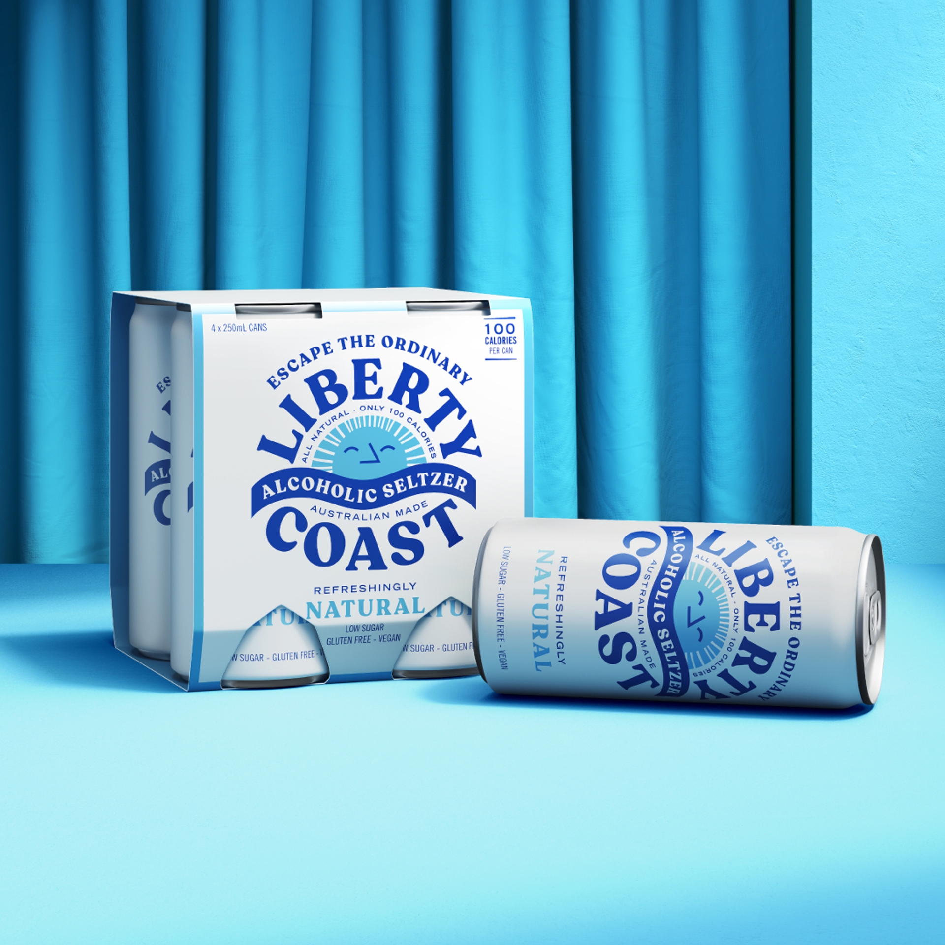 Liberty Coast Natural packaging design by packaging design agency Our Revolution for alcoholic seltzer brand Liberty Coast in front of a light blue curtain