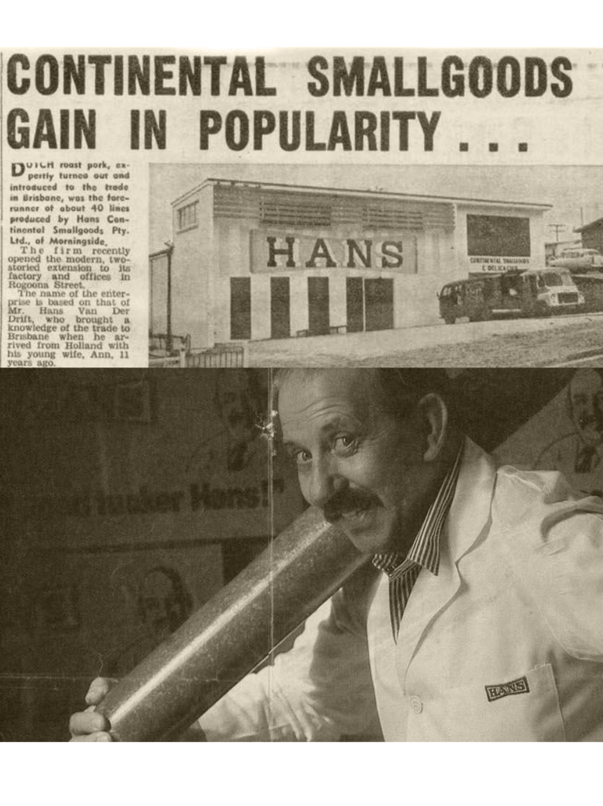 Archival newspaper article with headline “Continental Smallgoods Gain in Popularity” featuring black and white photograph of the founder of the meat brand Hans