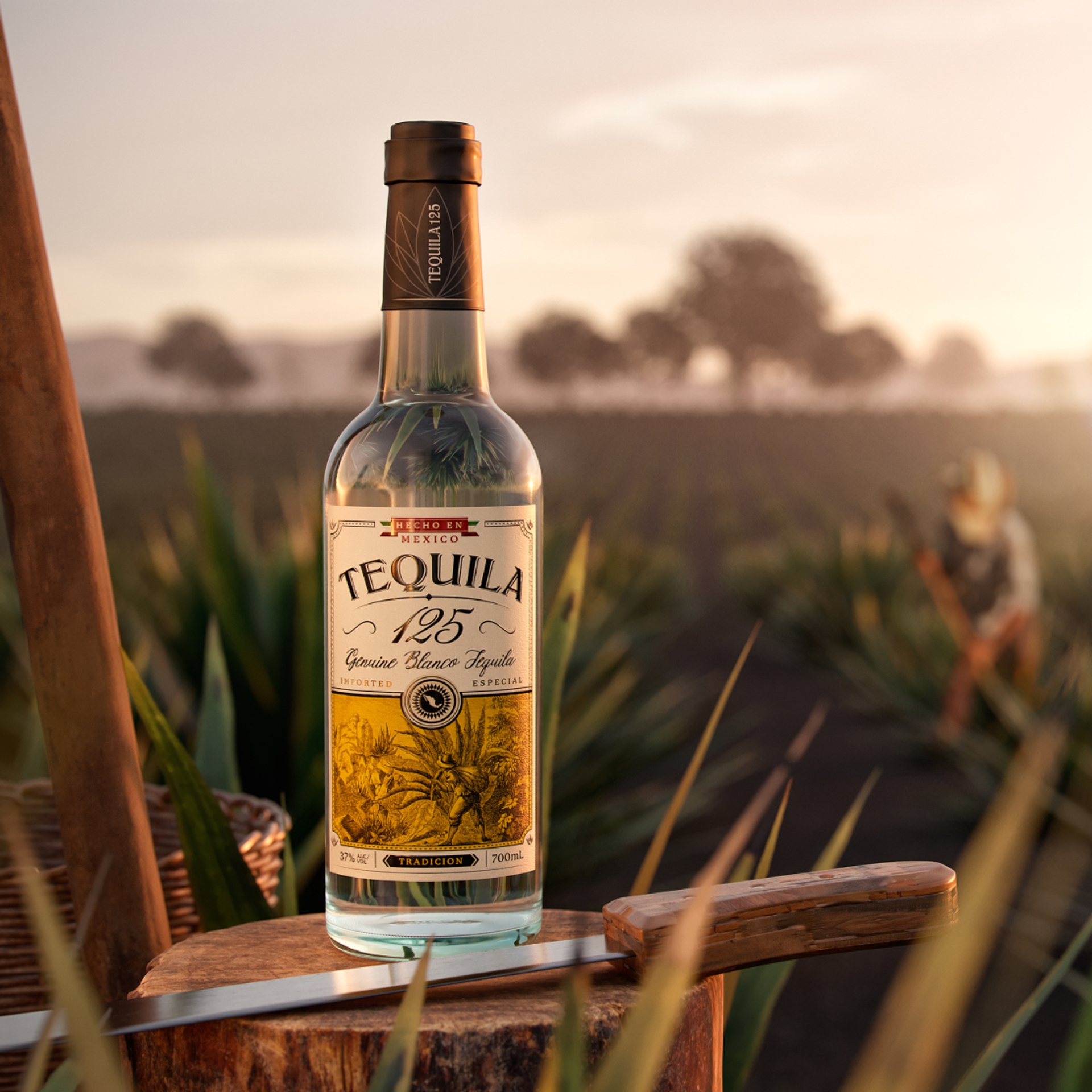 A bottle of Tequila 125 Genuine Blanco Tequila on a wooden log in front of a field of agave field created by packaging design agency Our Revolution Jen Doran