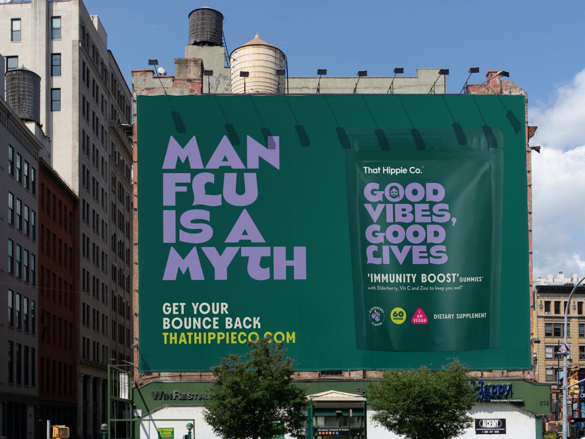 Billboard poster design by branding agency Sydney Our Revolution for dietary supplement brand That Hippie Co. with slogans “Man flu is a myth” and “Good vibes, good lives”