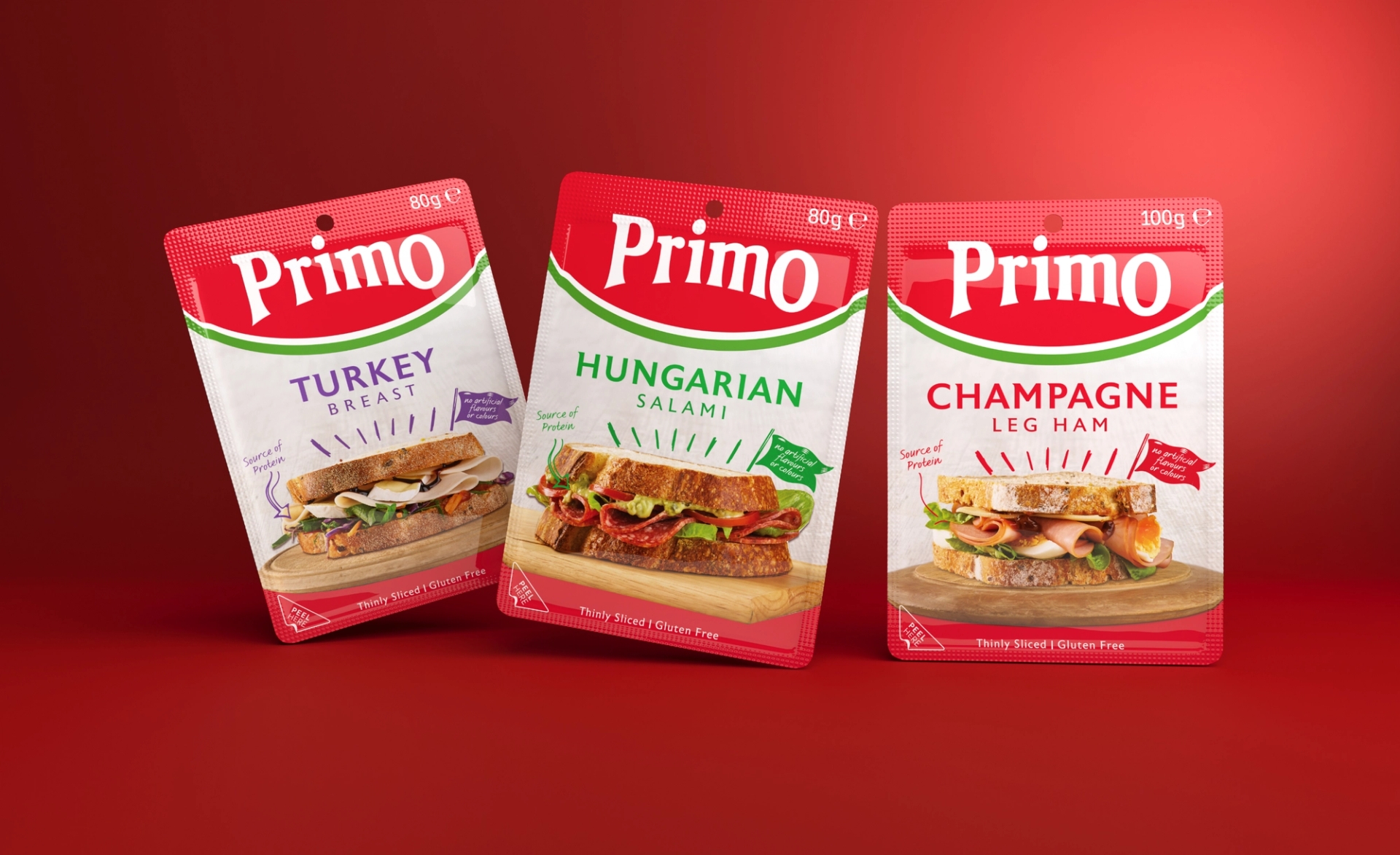 Primo brand design and Primo packaging design for Turkey Breast, Hungarian Salami, and Champagne leg ham products by packaging design by Our Revolution