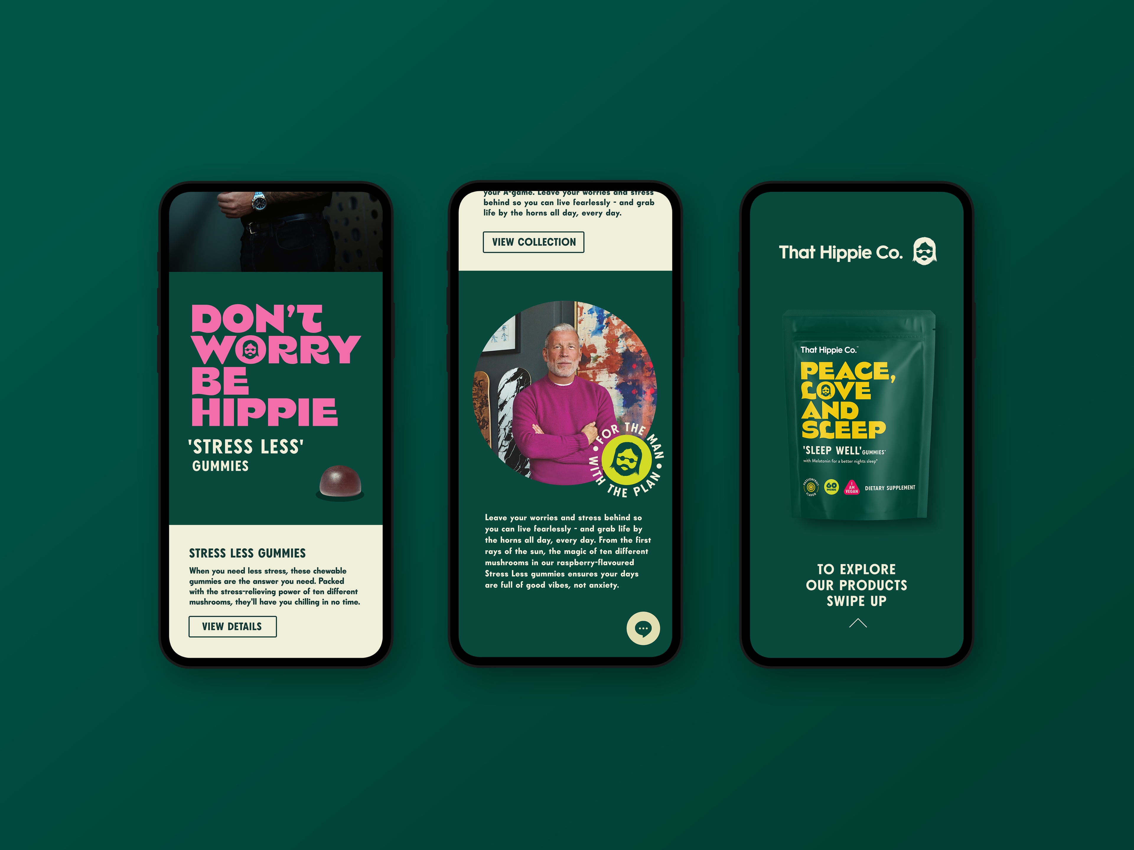 Digital deign for gummies brand on three phone screens showcasing brand design for That Hippie Co by brand design agency Sydney Our Revolution