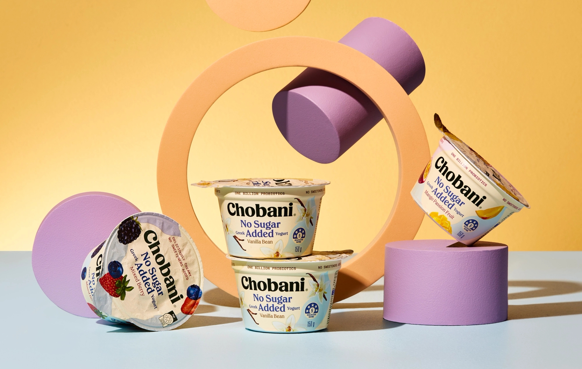 Fun, colourful Chobani No Sugar Added Yogurt packaging by branding design agency Our Revolution in Sydney