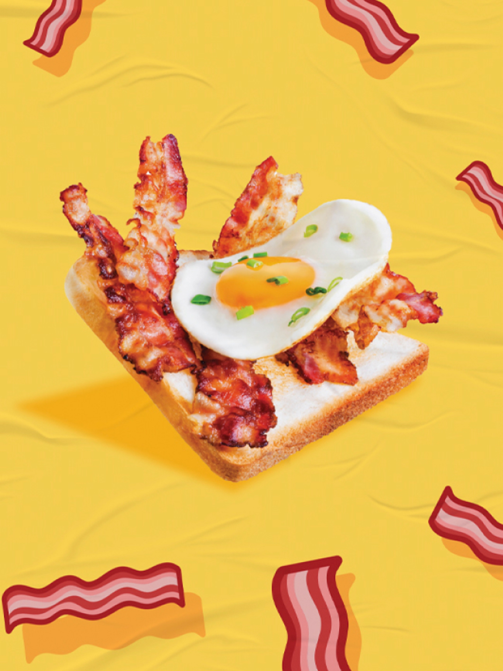 Meat brand design for Primo by Our Revolution of bacon and egg sandwich on a yellow fabric surrounded by flat colour illustrations of bacon