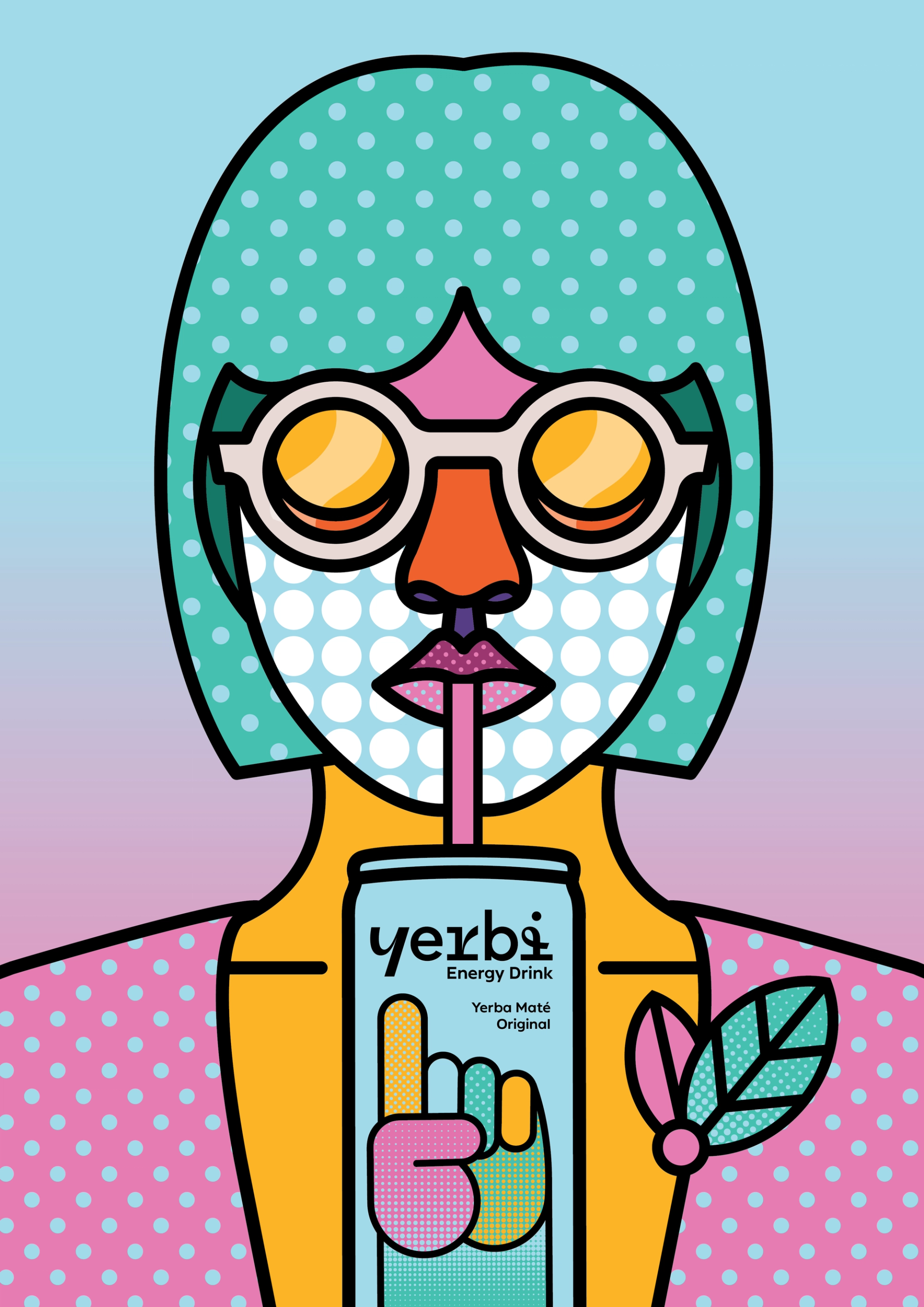Colourful pop art illustration by London branding agency Our Revolution for contemporary energy drink brand Yerbi