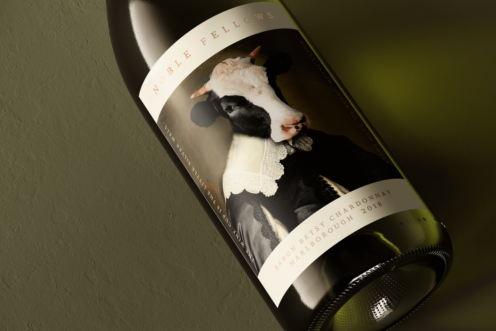 Close-up of Noble Fellows “Baron Betsy Chardonnay Marlborough 2018” wine label design by Our Revolution featuring a Renaissance portrait of a cow wearing historical clothing Jen Doran