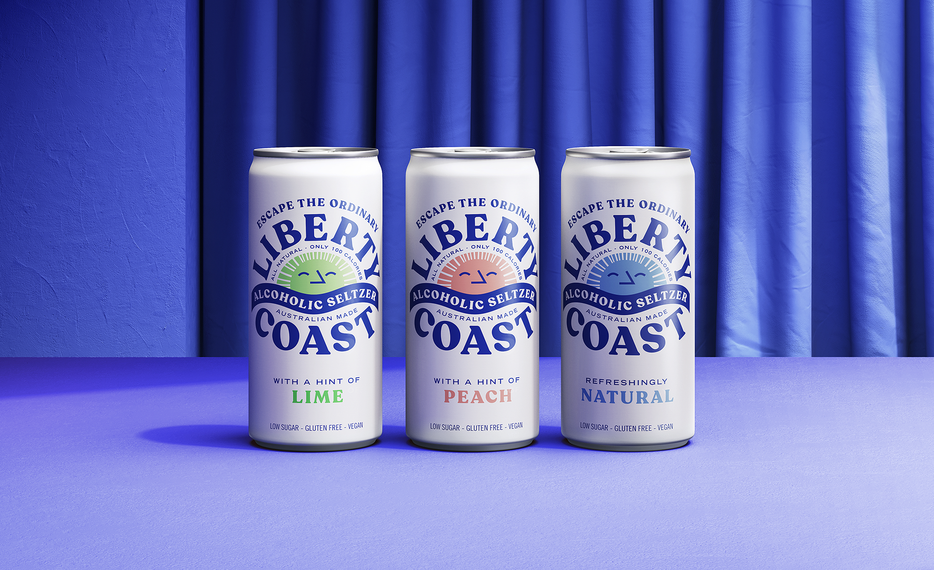 Liberty Coast Alcoholic Seltzer packaging design by Our Revolution brand design agency in front of a bright blue curtain
