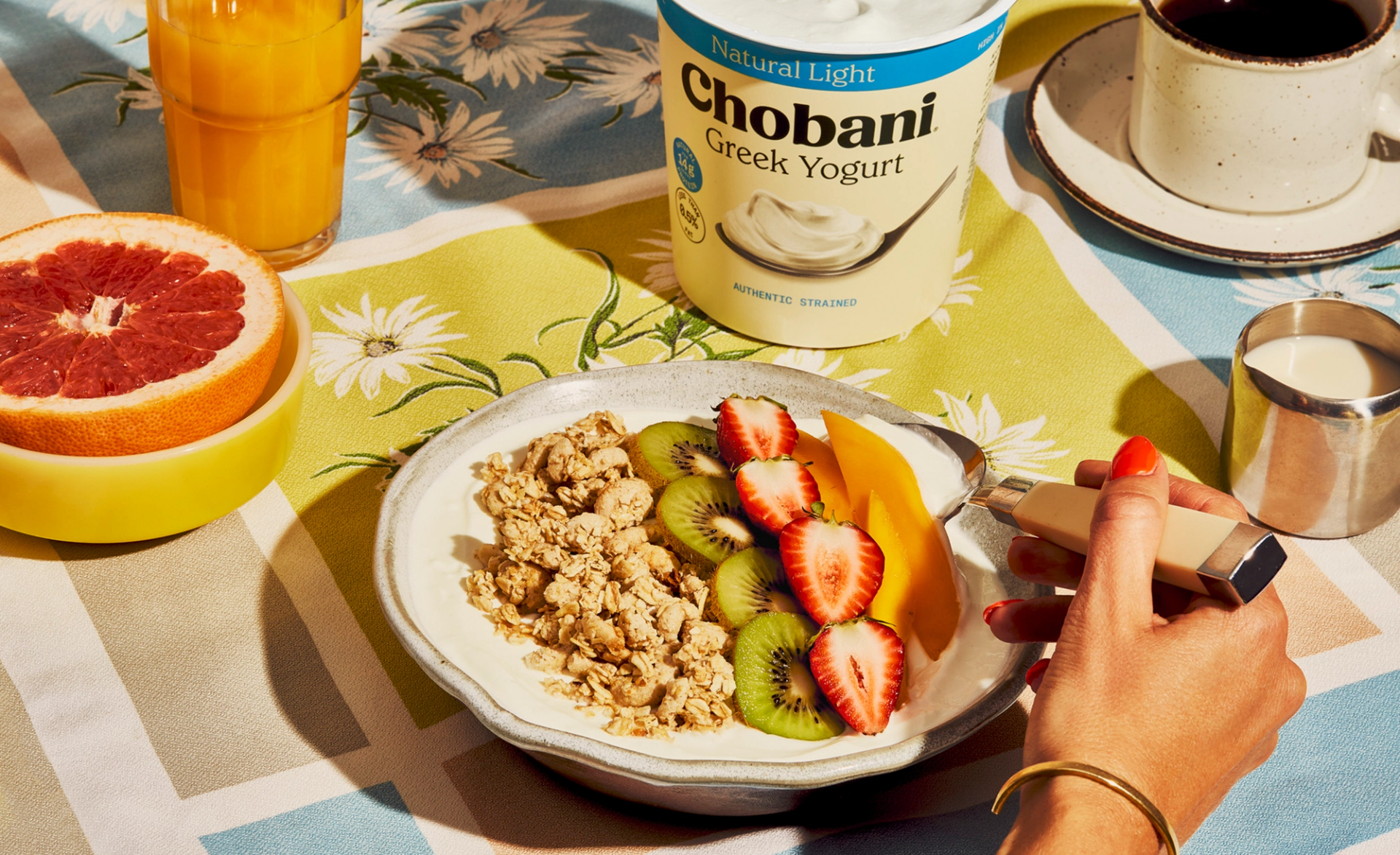 Chobani Greek Yogurt packaging design by Our Revolution branding agency in Sydney and London with colourful retro breakfast art direction Jen Doran  