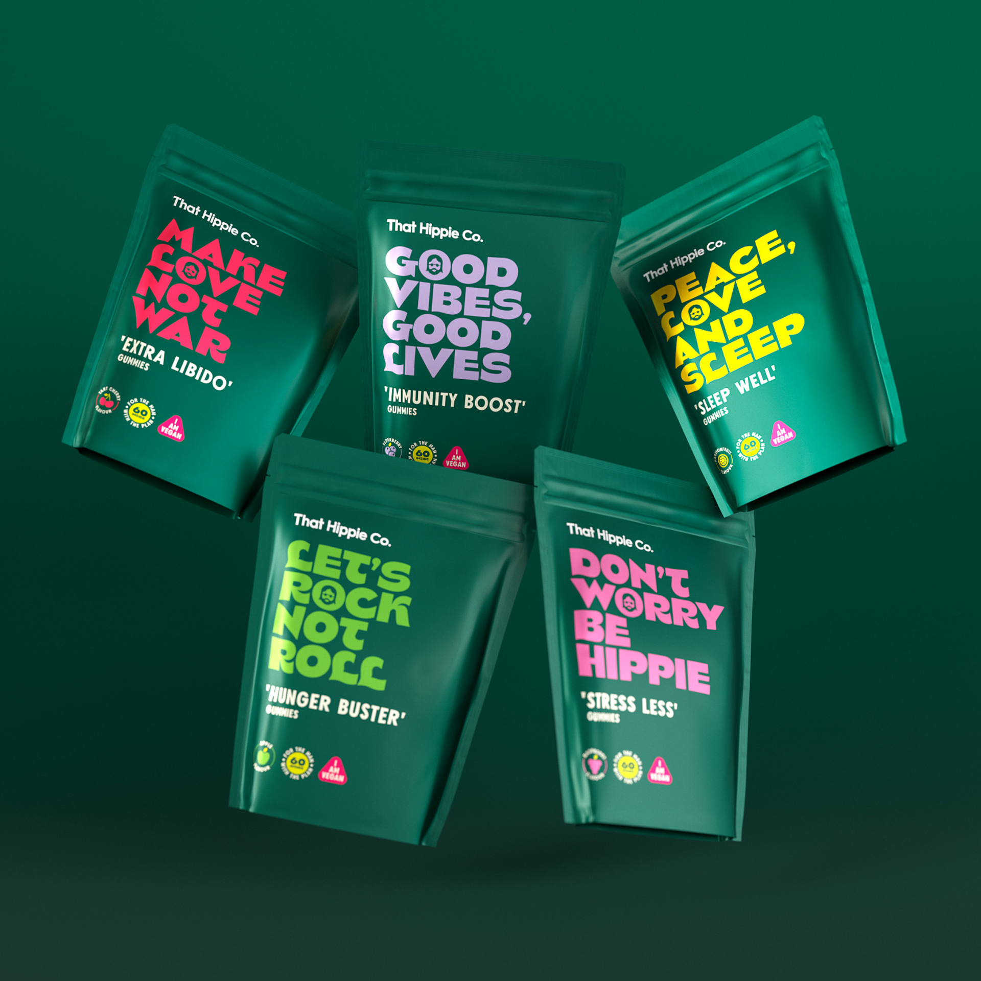 Cool gummies supplement range of products for That Hippie Co. with bold typography and bright colours, packaging design by design agency in Sydney Our Revolution