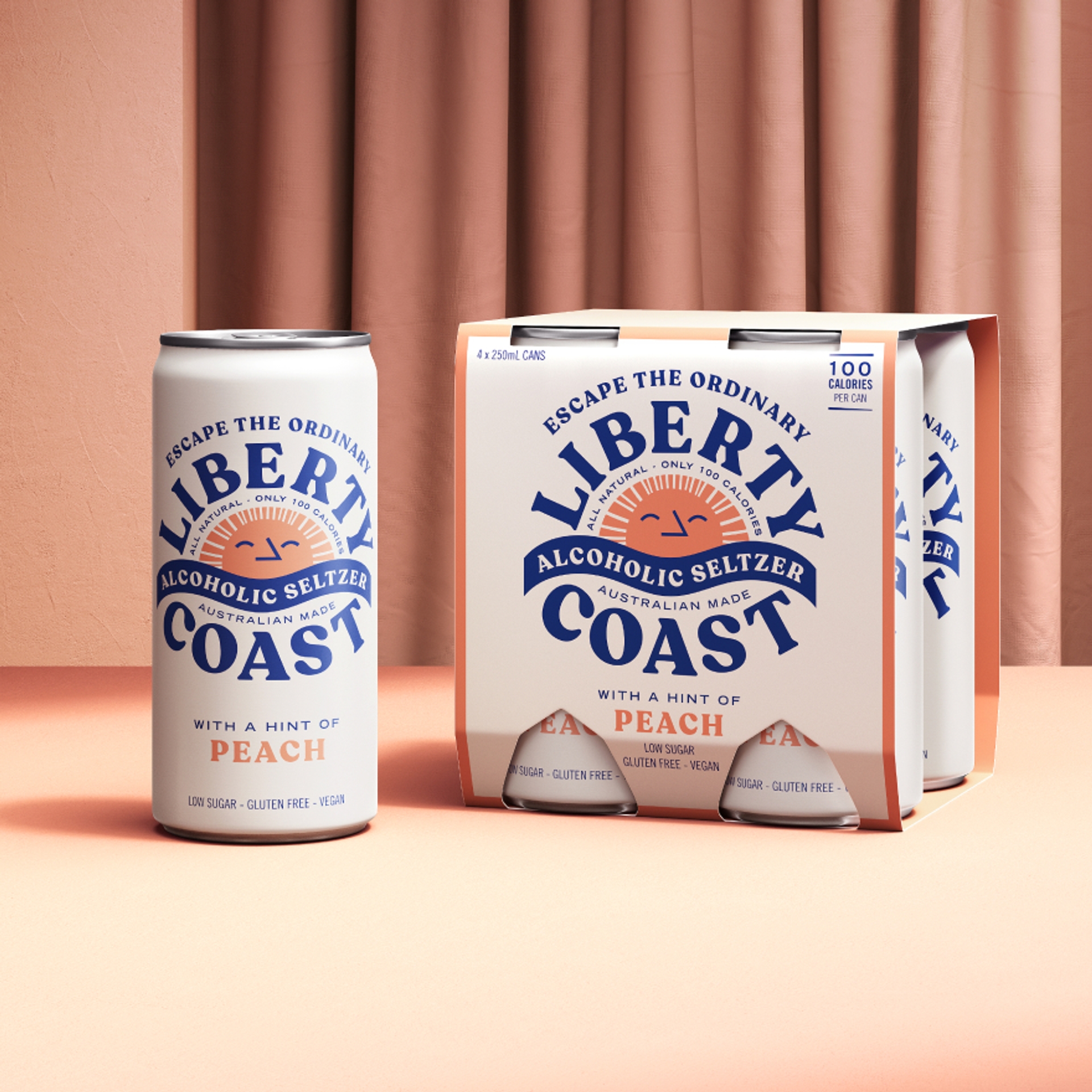 Liberty Coast seltzer packaging design by branding agency Our Revolution for alcoholic seltzer brand Liberty Coast in front of a light peach curtain