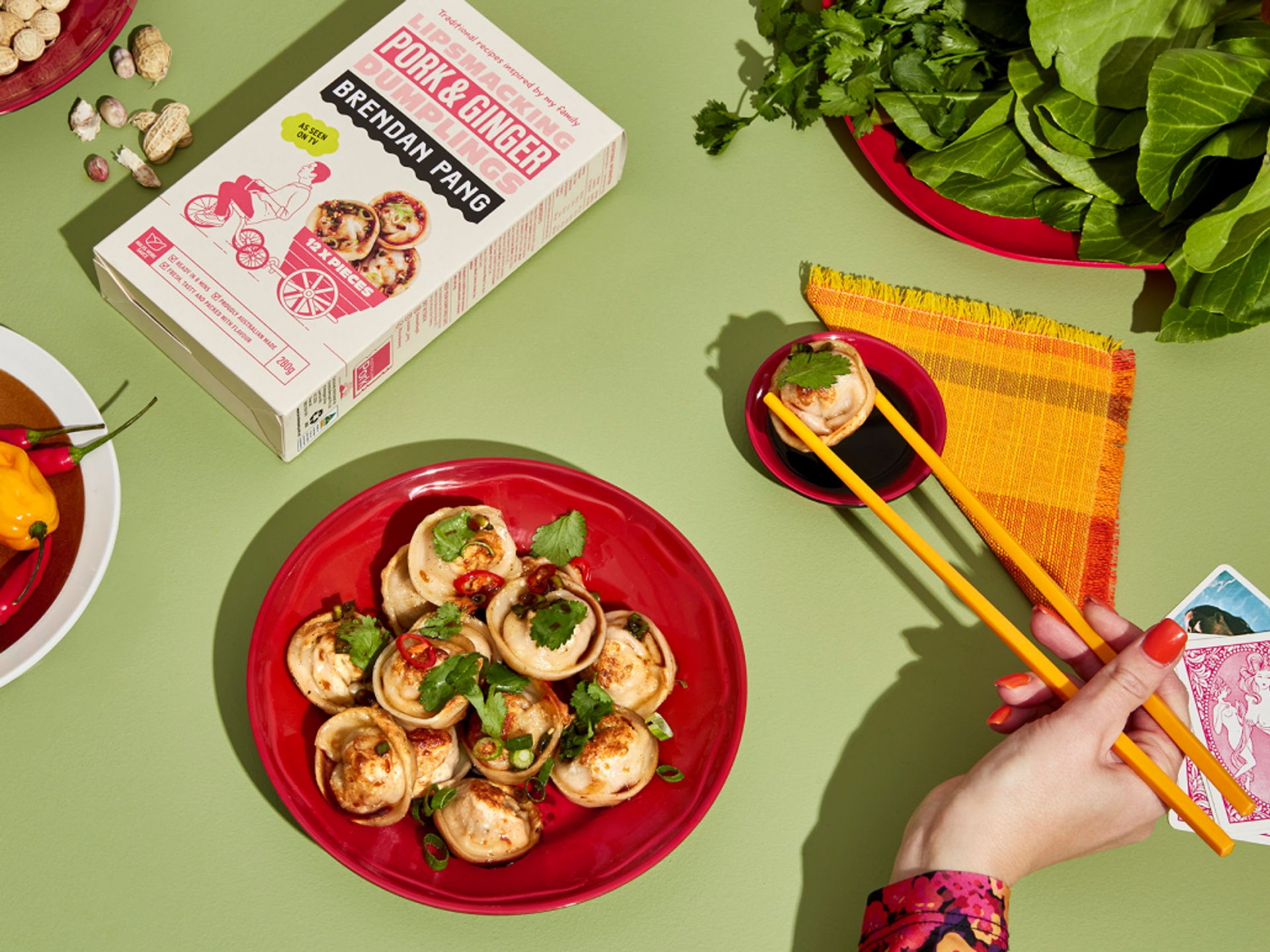 Cool yum cha lunch styling with Brendan Pang’s dumplings, by packaging design agency Our Revolution