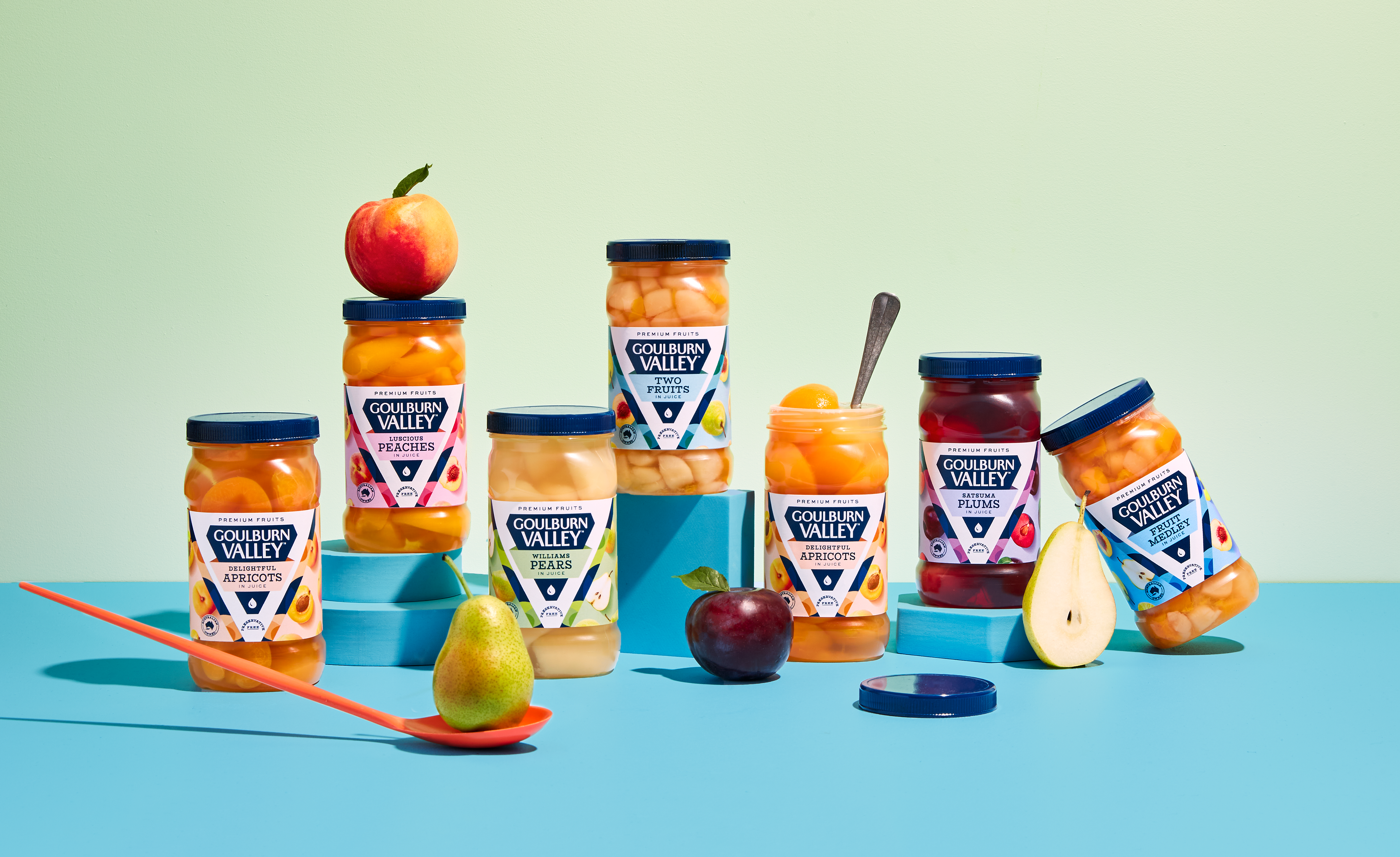 Goulburn Valley fruit product range with colourful bold packaging design by Sydney packaging design agency Our Revolution