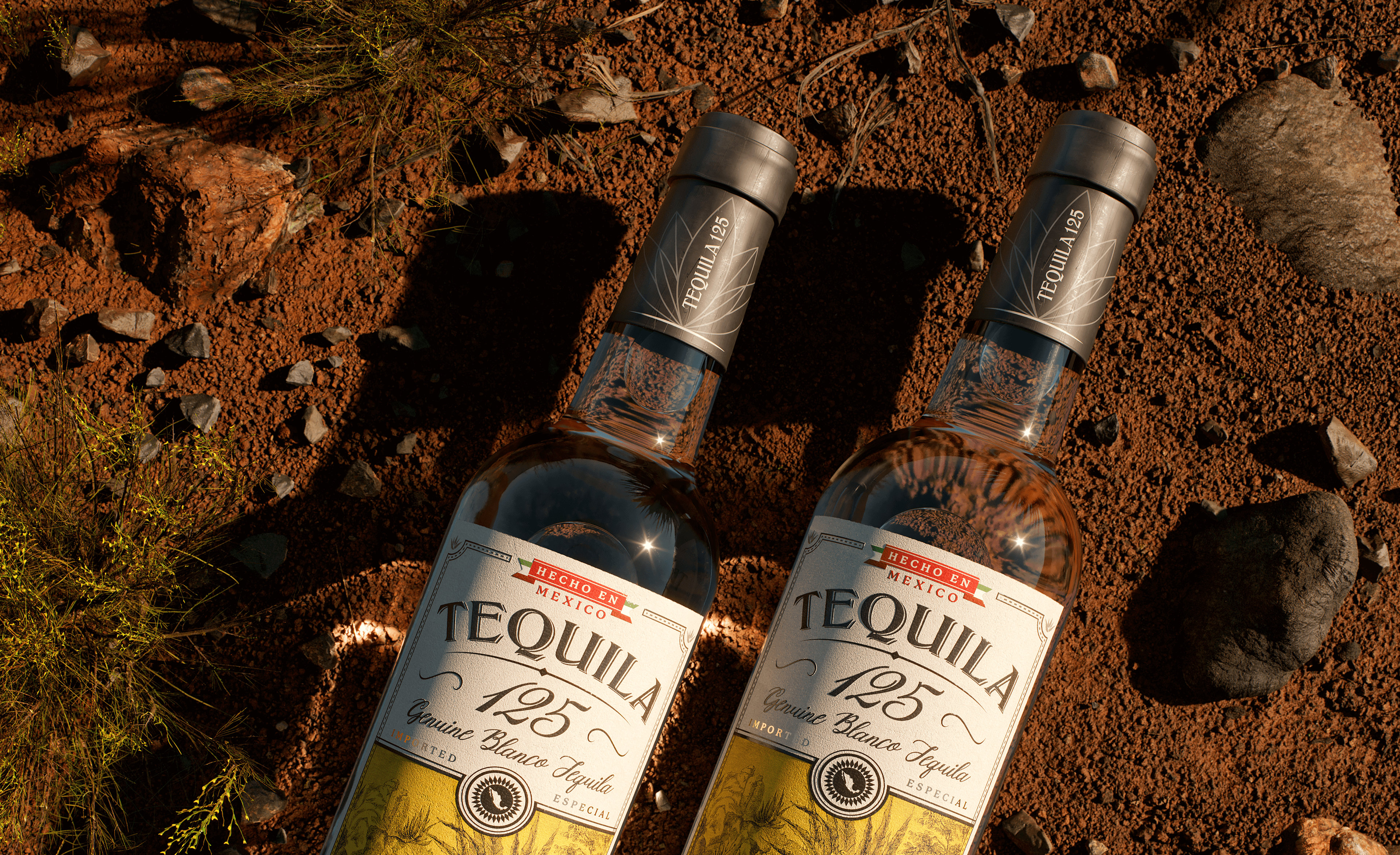 Two bottles of tequila laying on rich red soil brand and packaging design by Our Revolution design agency in Sydney and London