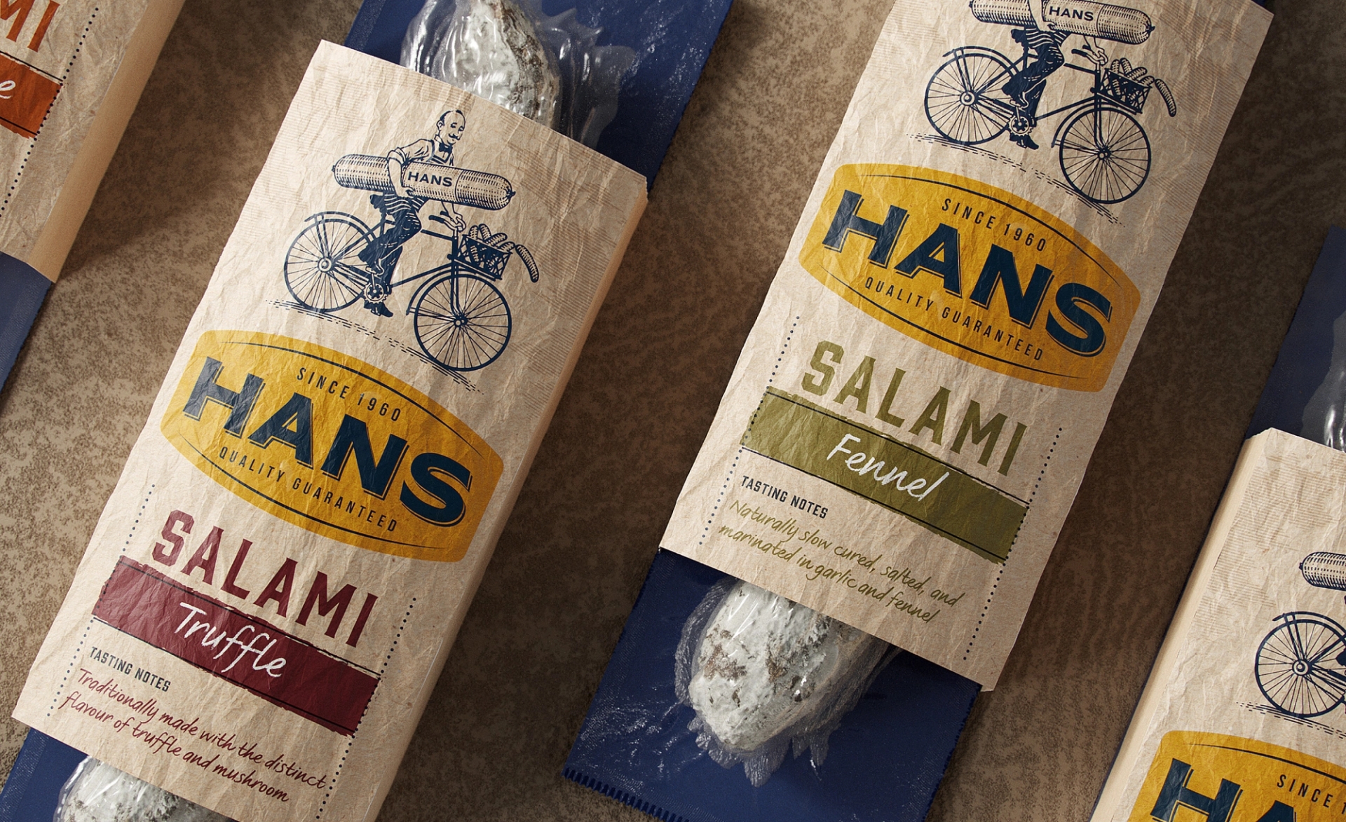 Salami packaging design design for meat brand Hans with textured paper by Sydney brand design agency Our Revolution
