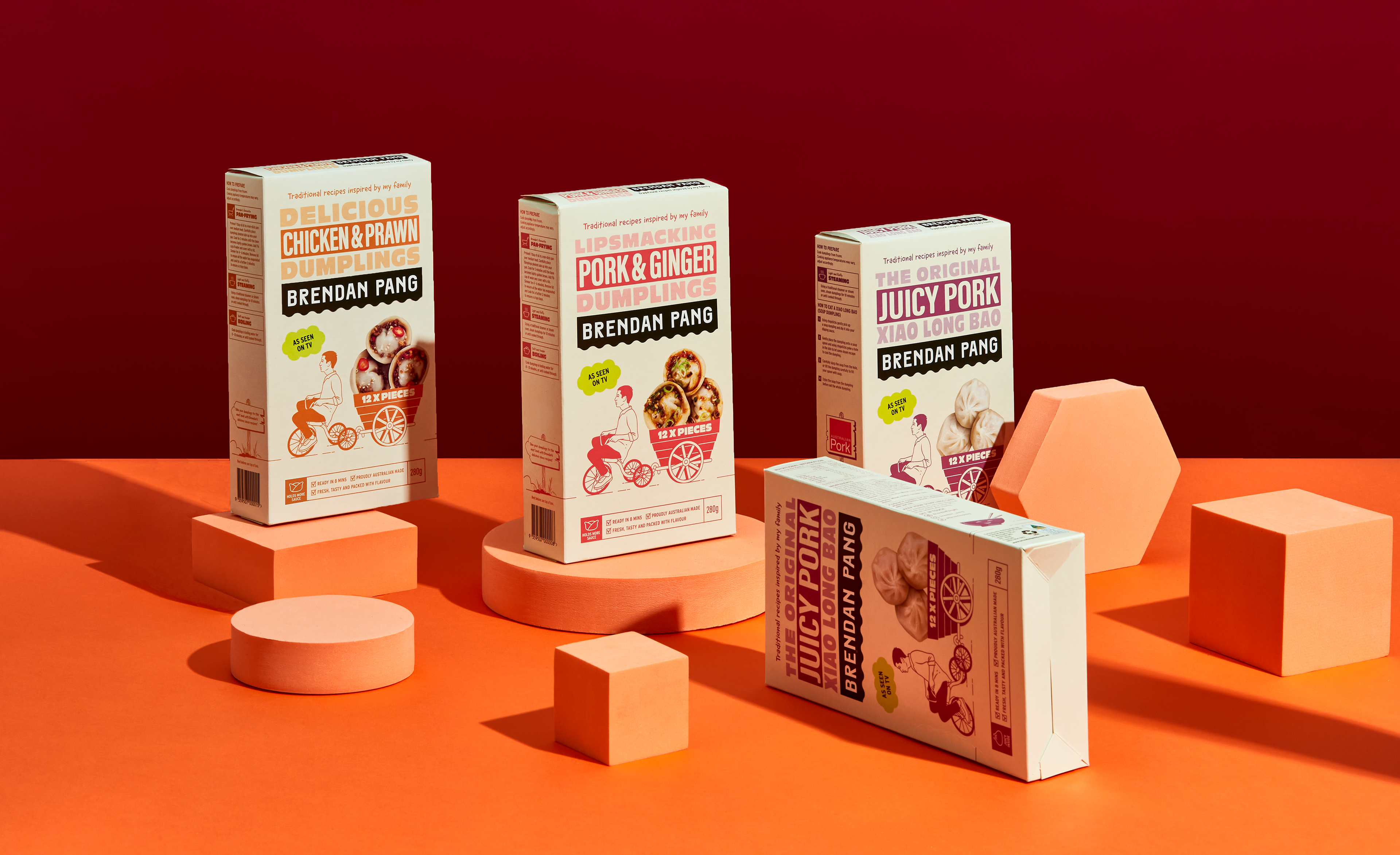 Range of dumpling packaging design for Brendan Pang’s dumpling brand designed by consumer brand company Our Revolution