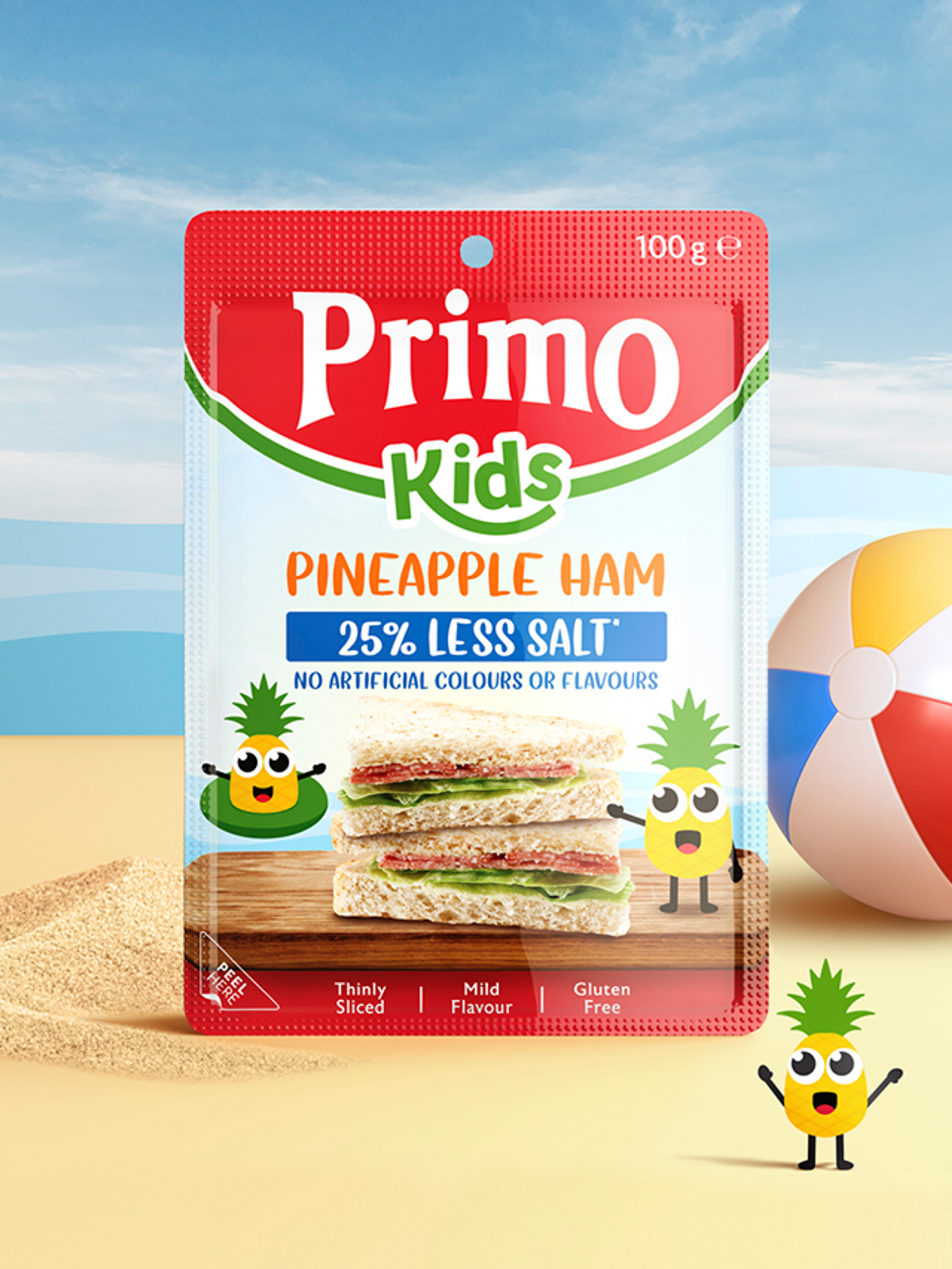 Packaging design for meat brand Primo Kids Pineapple Ham packaging design by Our Revolution featuring an illustrated pineapple character on the beach