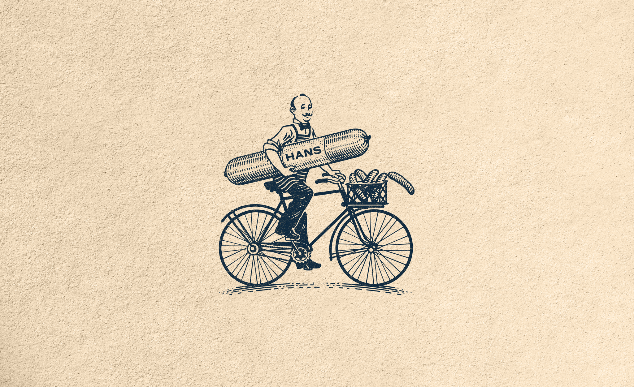 Hans rebrand by brand design agency Our Revolution featuring vintage navy ink illustration on textured paper showing a man on a bicycle holding a roll of Hans salami