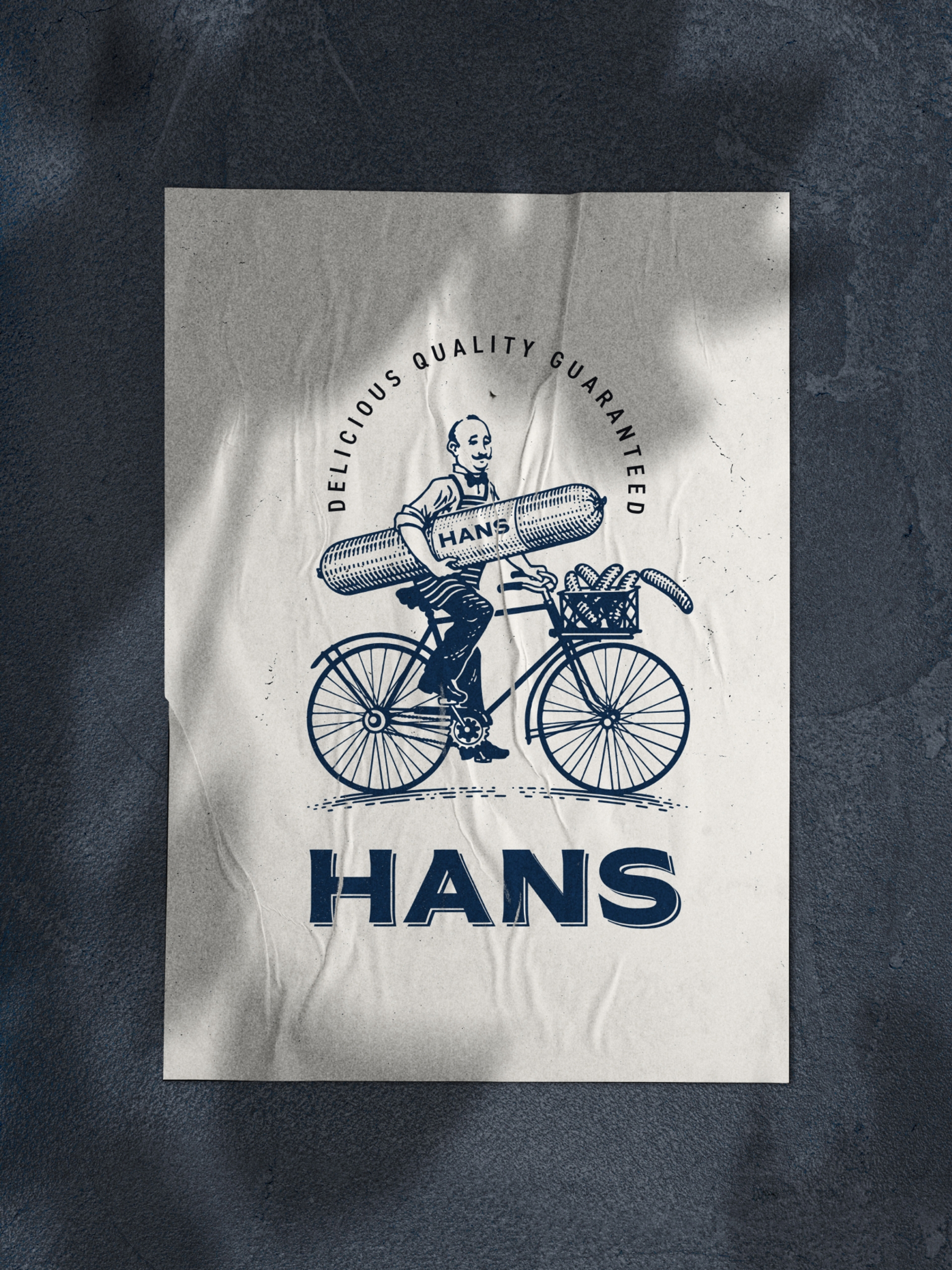 Textured retro portrait poster design by brand design agency Our Revolution, featuring navy Hans logo and ink illustration of a man on a bicycle