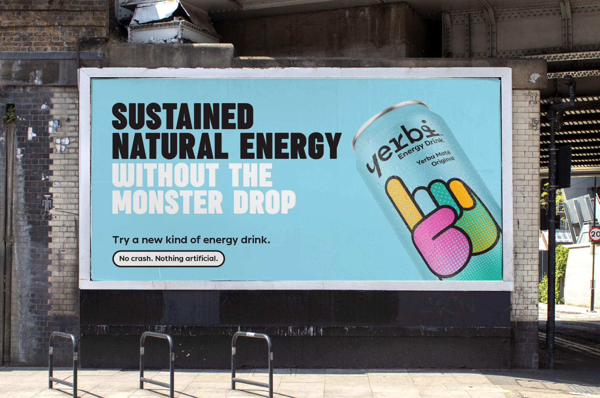 Billboard advert for Yerbi Energy drink brand design by Our Revolution featuring slogan “sustained natural energy without the monster drop” Jen Doran