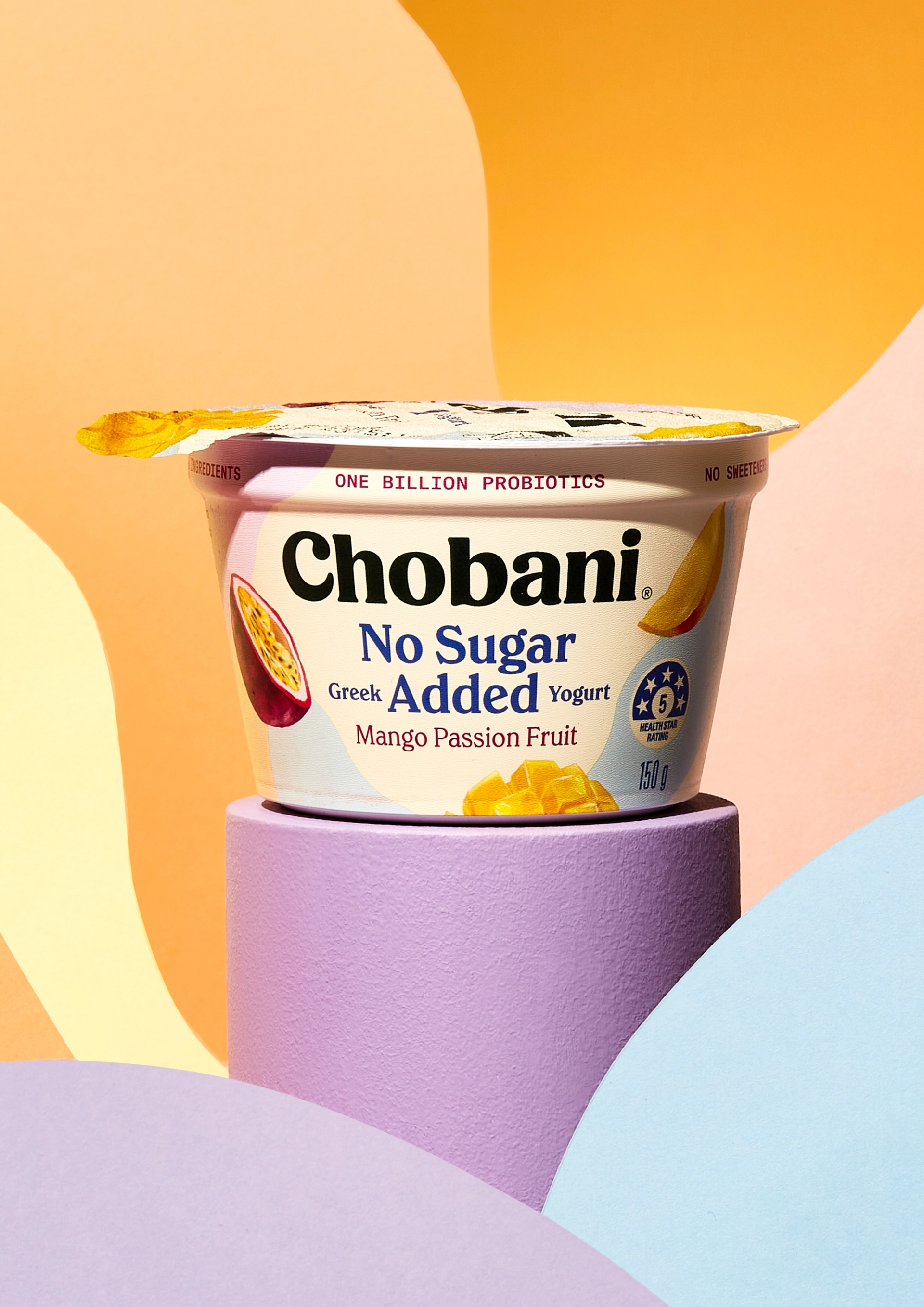 Chobani Yogurt No Sugar Added packaging and branding by Our Revolution branding agency Sydney London with background of pastel coloured waves