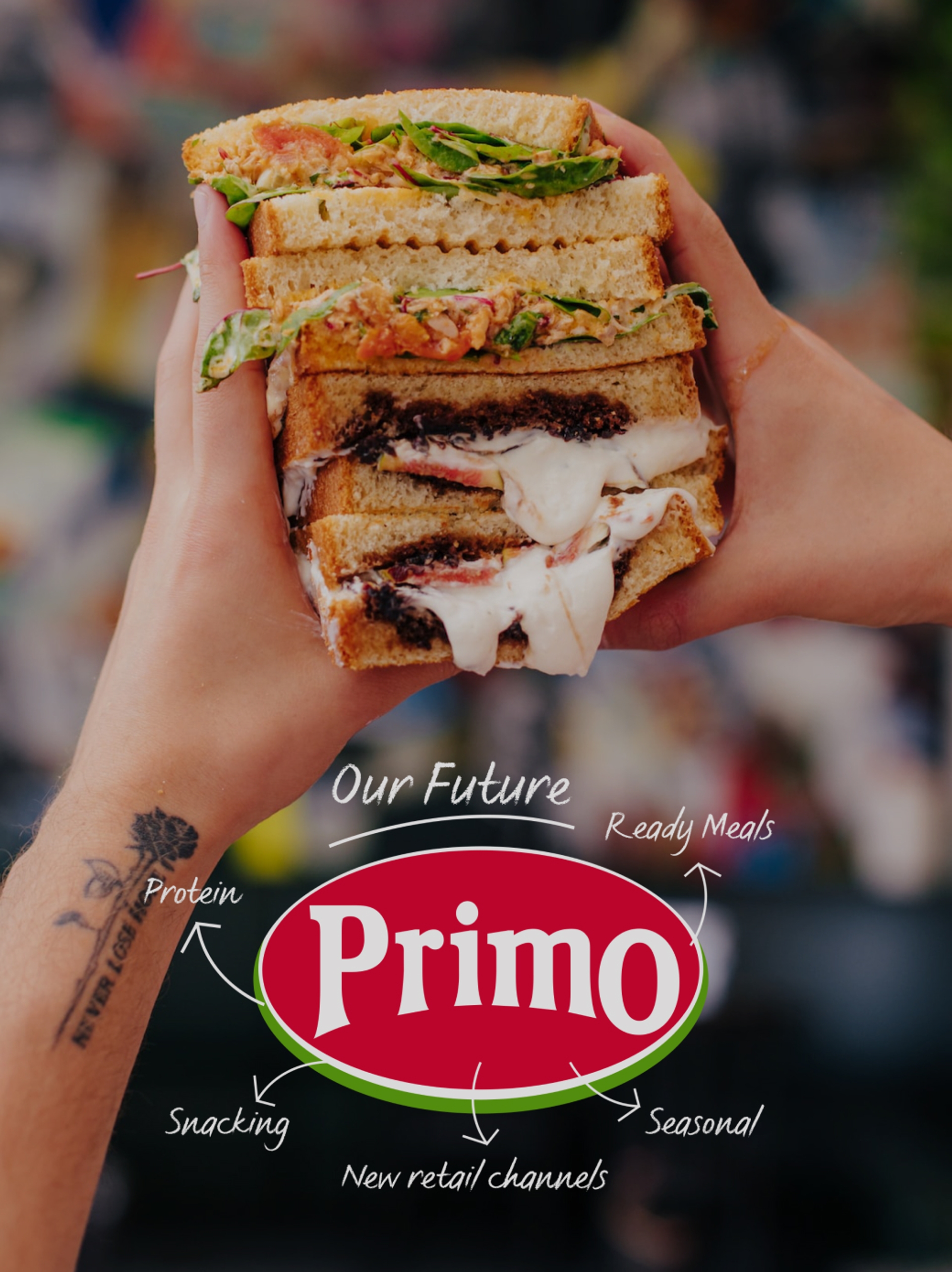Hands holding four stacked sandwiches above Primo logo featuring hand-written text by Sydney brand design agency Our Revolution