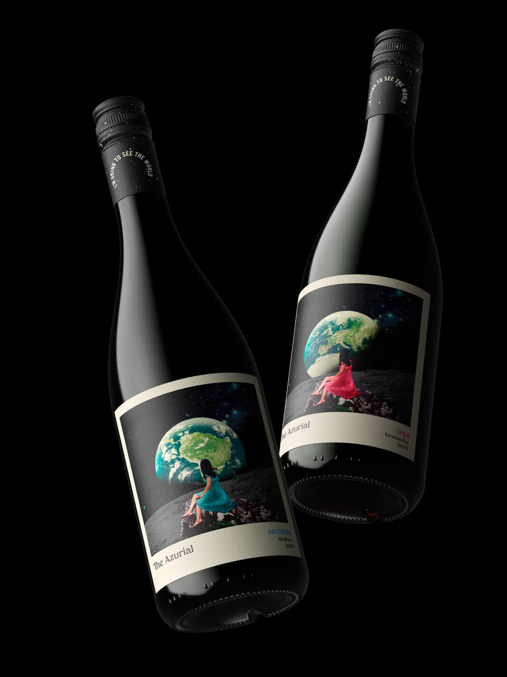 Two bottles of The Azurial wine by packaging design agency Sydney Our Revolution, on a simple black background
