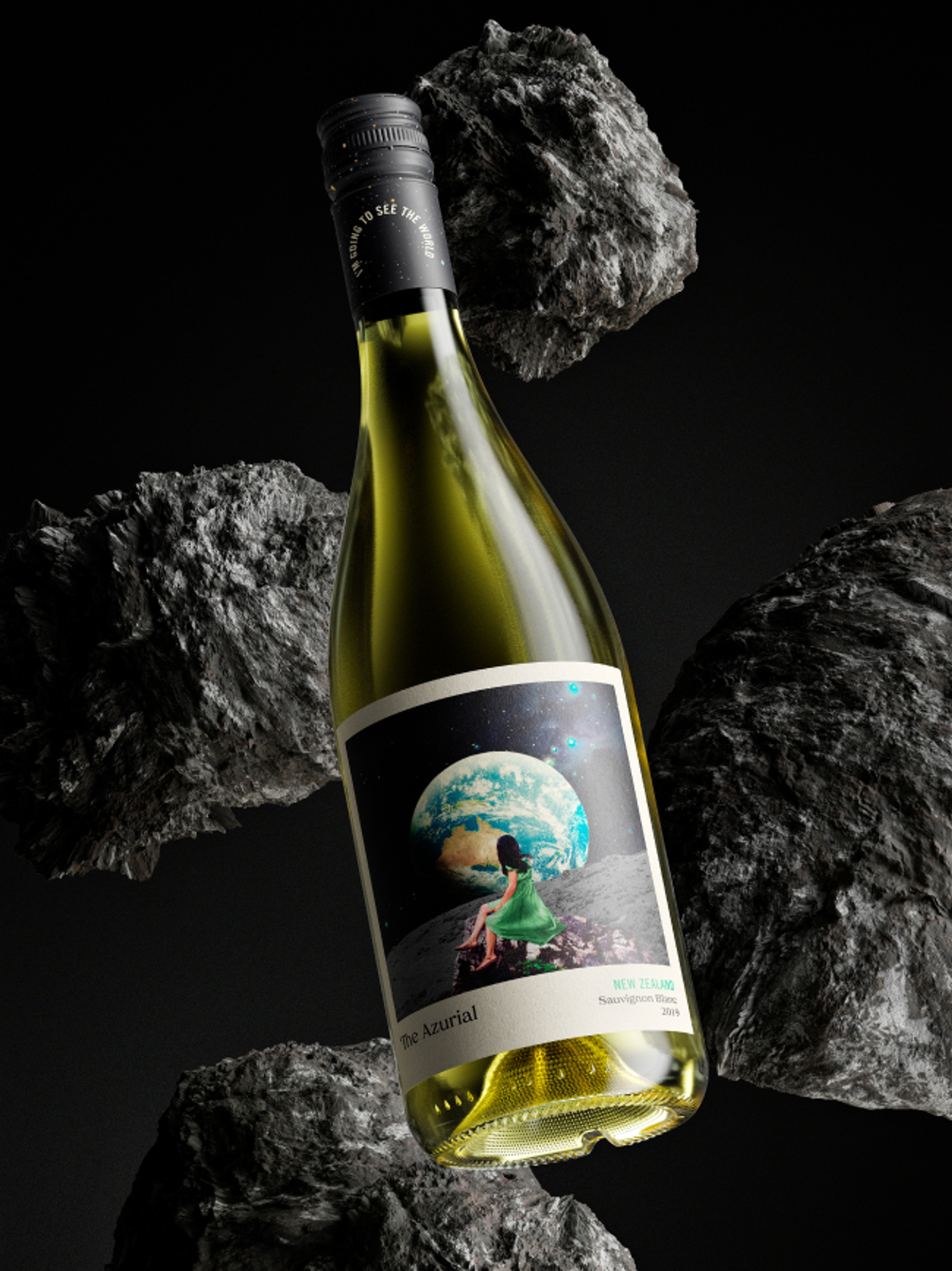 The Azurial wine label design by Our Revolution floating in space surrounded by large textured rocks