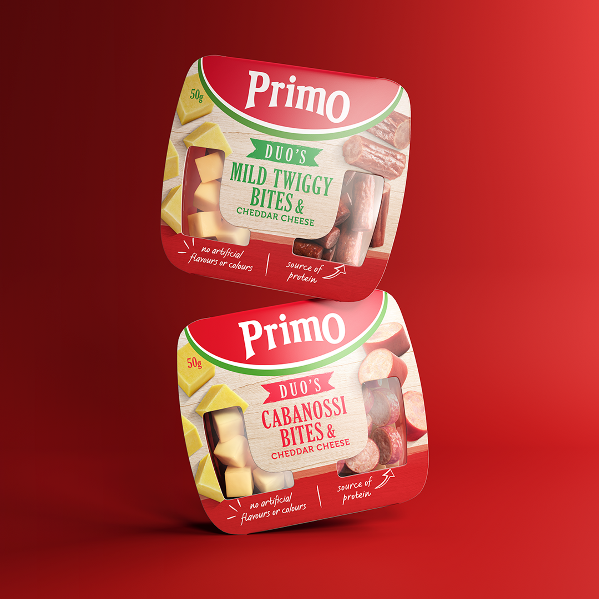 Primo Packaging design by design agency Our Revolution for Primo’s meat snacks Mild Twiggy Bites and Cabanossi Bites Duo’s