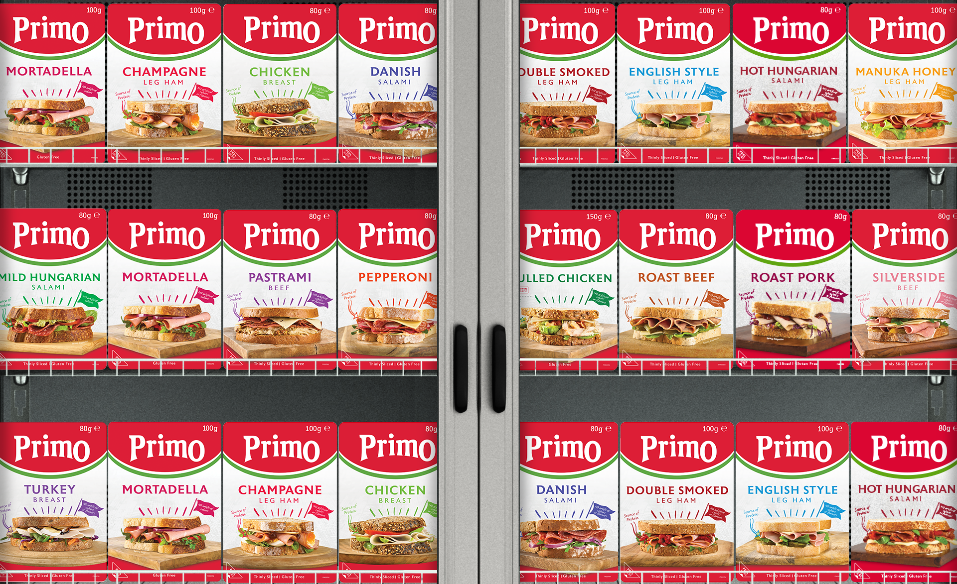 Fridge full of Primo’s range of sliced meats packaging design by Our Revolution Sydney London brand design agency