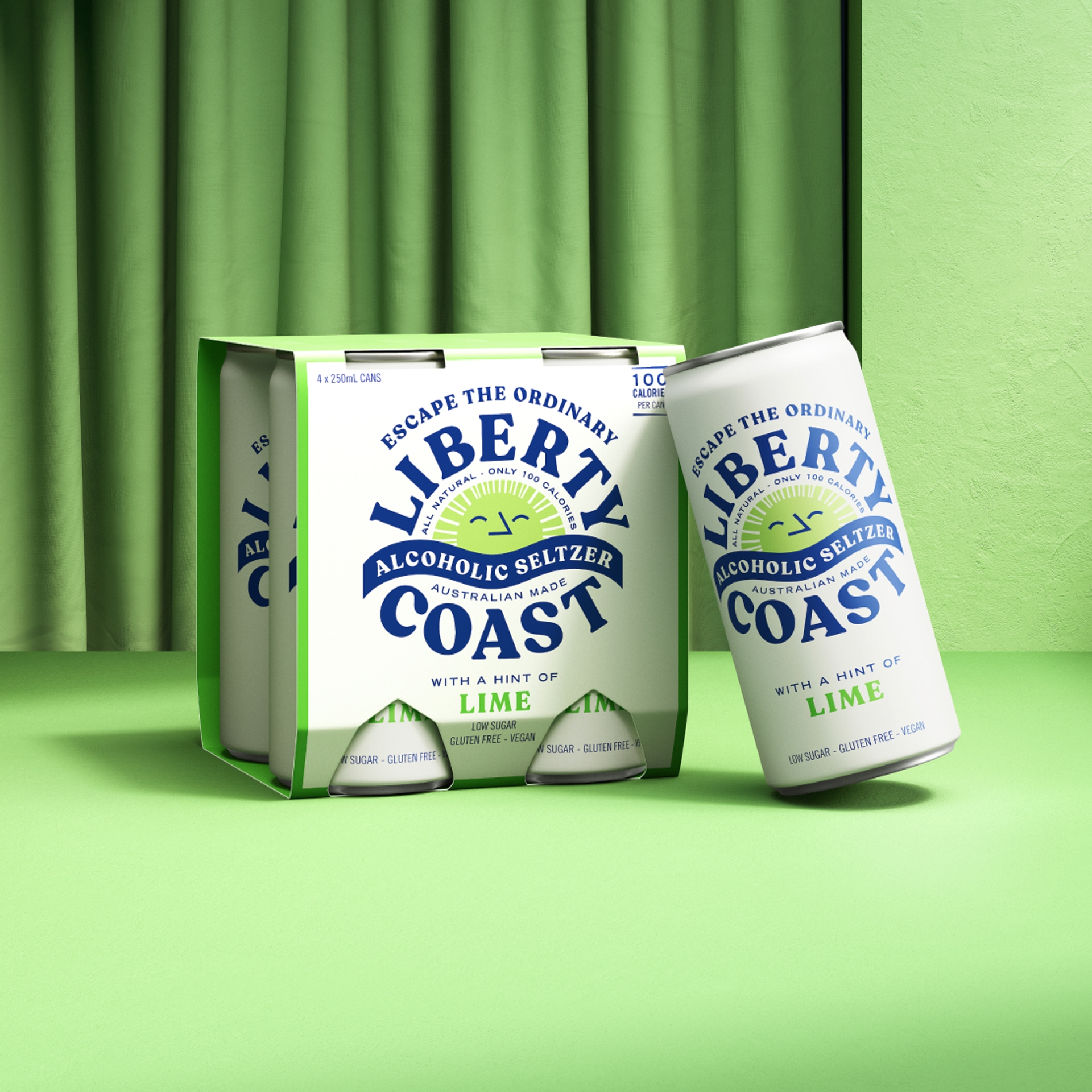 Liberty Coast seltzer packaging design by Our Revolution for alcoholic seltzer brand Liberty Coast in front of a green curtain