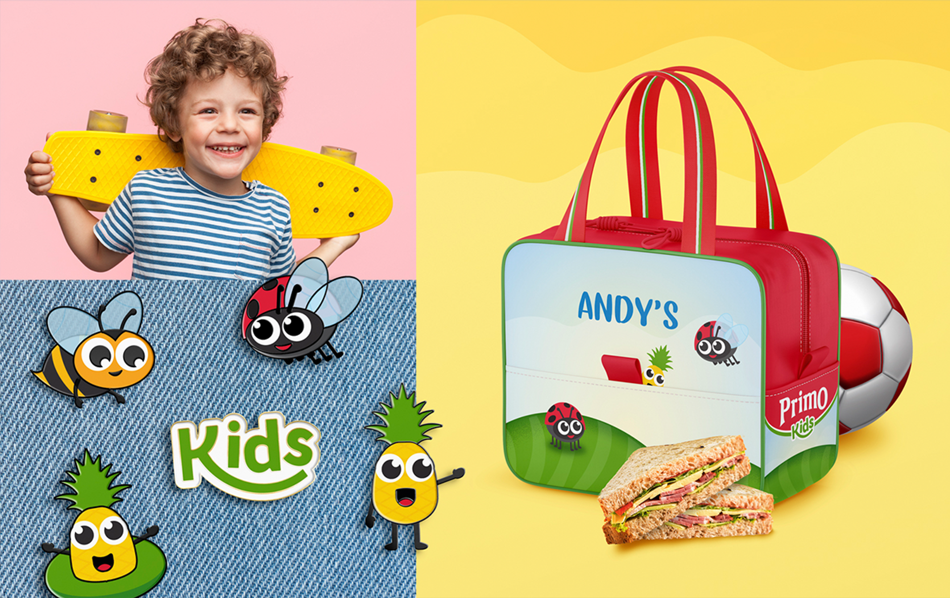 Collage of a child holding a skateboard, cartoon character pins on denim, and a kids lunchbox and soccer ball behind a sandwich for meat brand Primo
